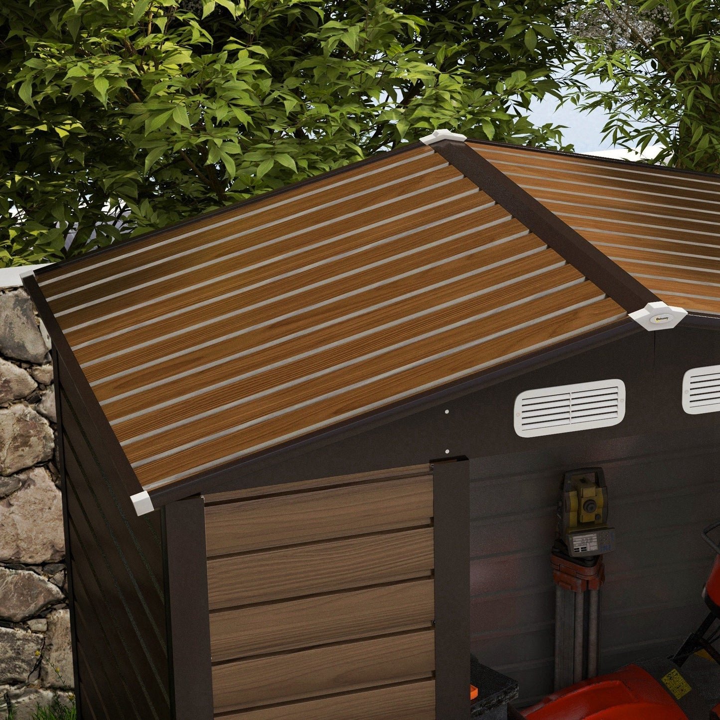 4.3 x 6.2 ft Garden Metal Shed w/ Lock, Outdoor Storage Shed with Ventilation Slots and Gloves for Garden, Patio, Oak