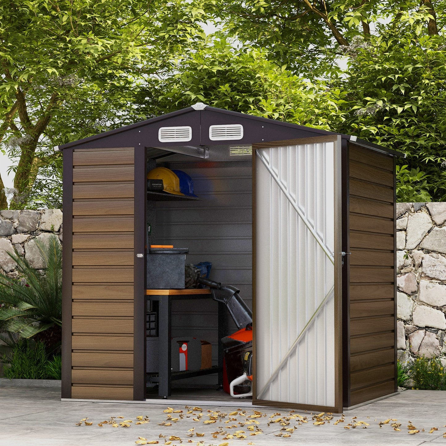 4.3 x 6.2 ft Garden Metal Shed w/ Lock, Outdoor Storage Shed with Ventilation Slots and Gloves for Garden, Patio, Oak