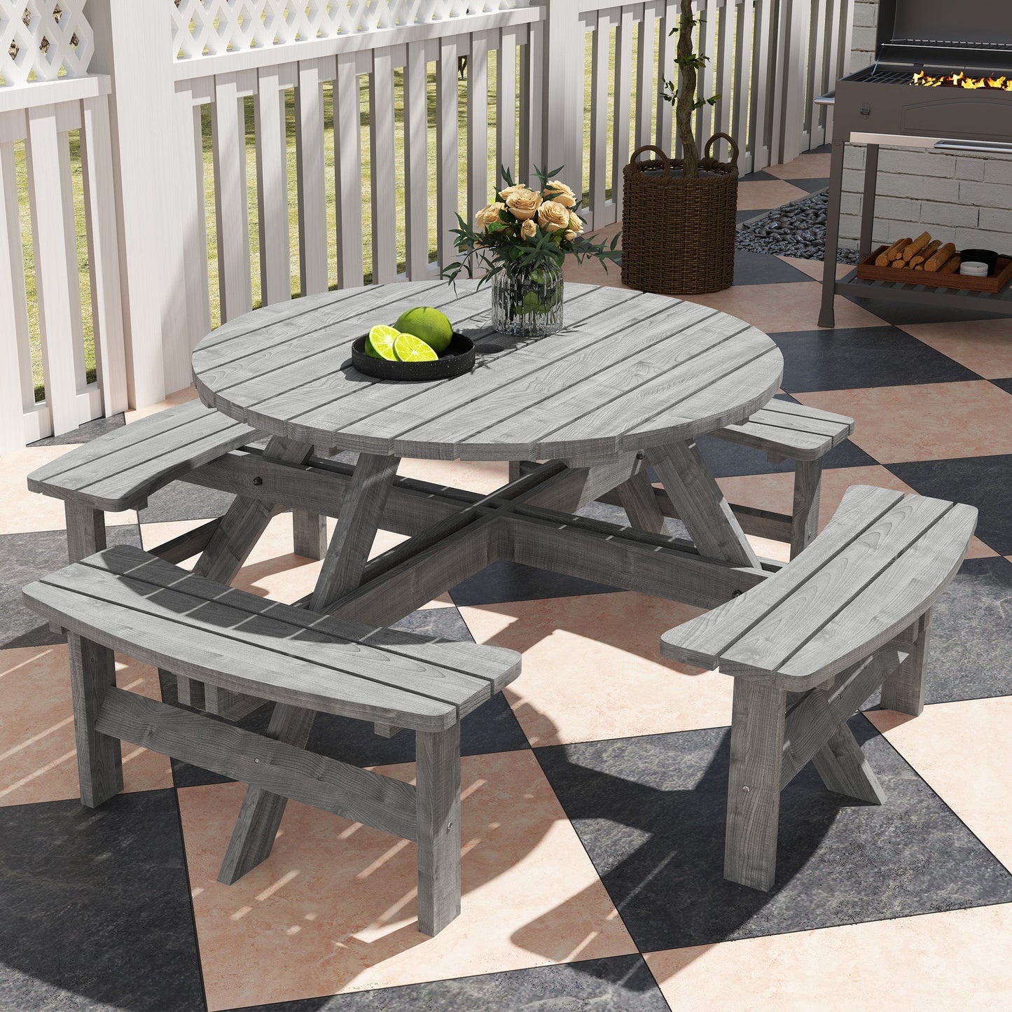 8 Seater Wooden Picnic Table and Garden Benches Set, Round Garden Dining Set with 4 Benches and Umbrella Hole Outdoor Garden Park, Grey