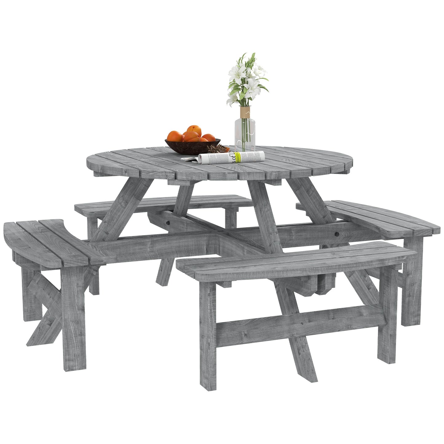 8 Seater Wooden Picnic Table and Garden Benches Set, Round Garden Dining Set with 4 Benches and Umbrella Hole Outdoor Garden Park, Grey