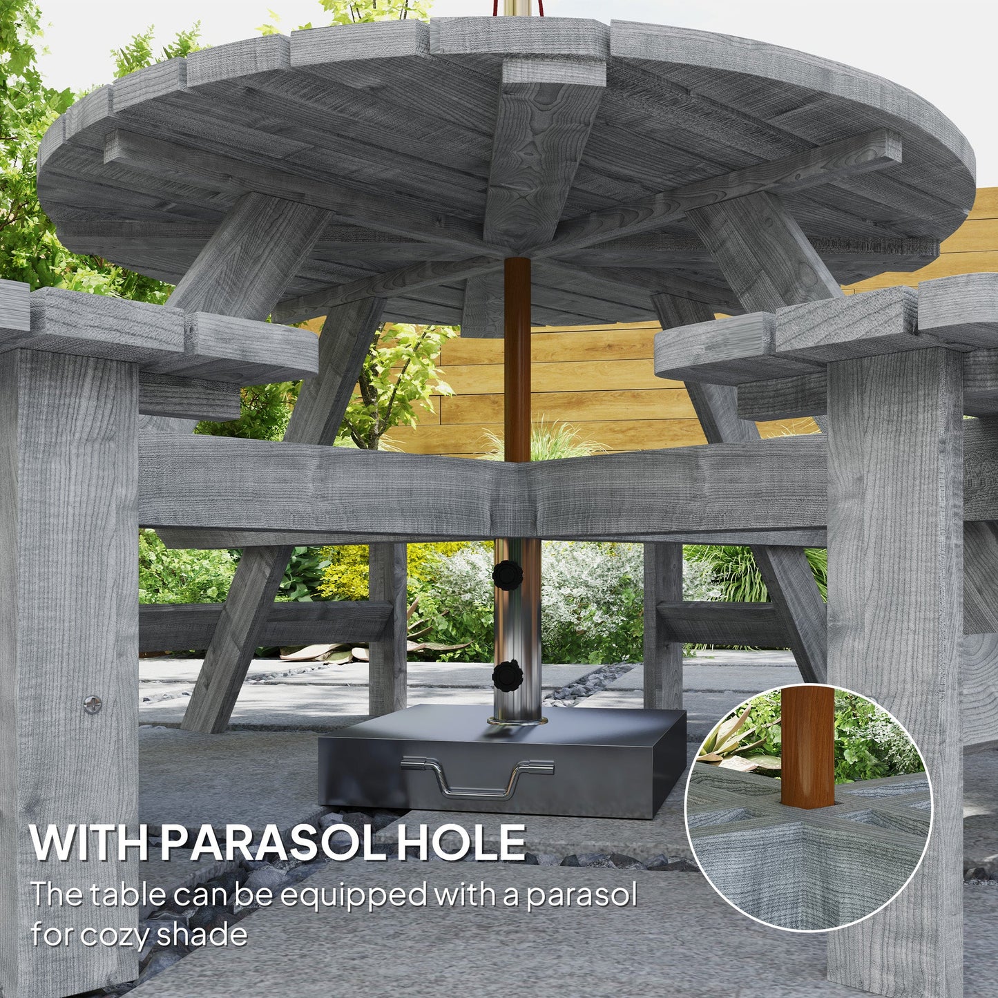 8 Seater Wooden Picnic Table and Garden Benches Set, Round Garden Dining Set with 4 Benches and Umbrella Hole Outdoor Garden Park, Grey