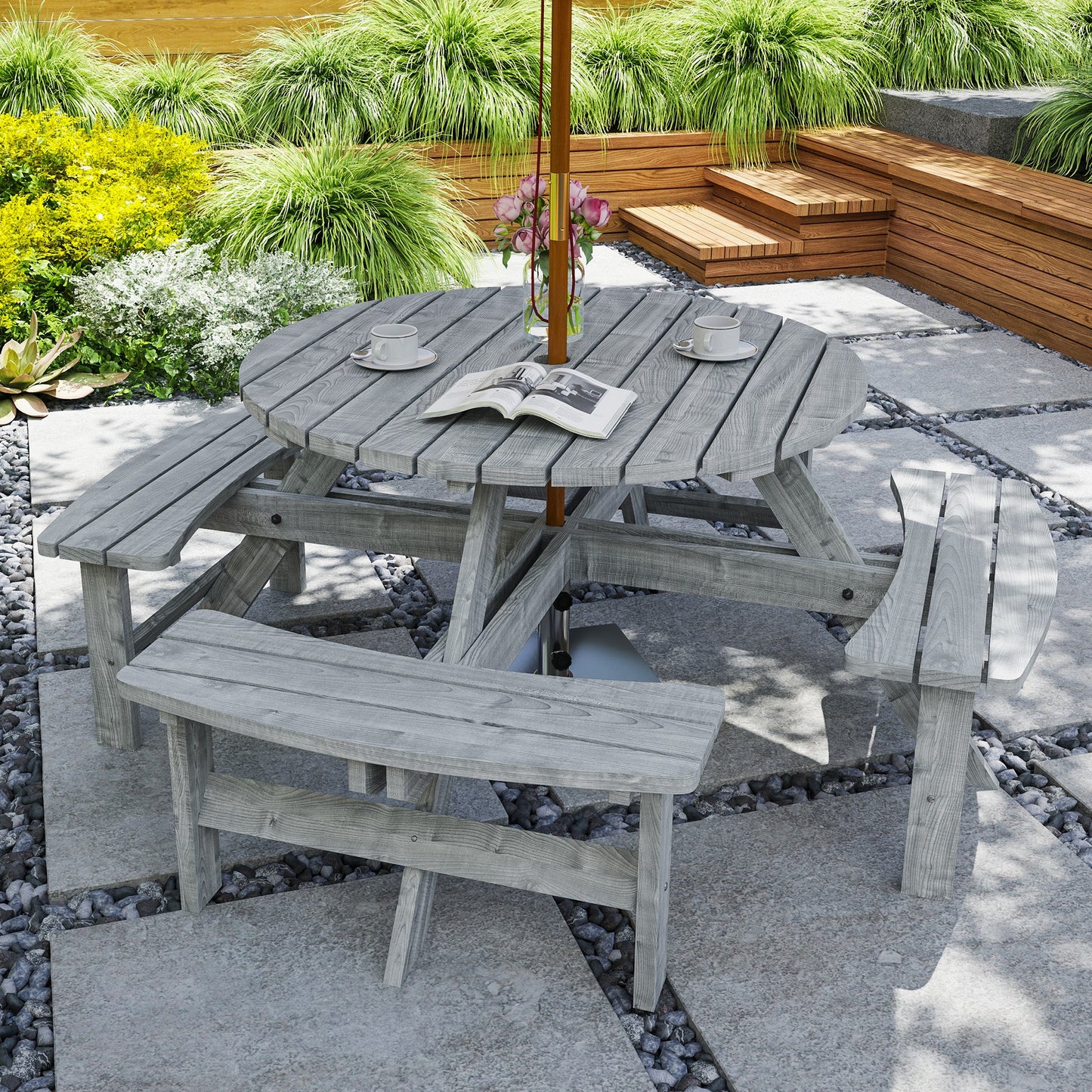 8 Seater Wooden Picnic Table and Garden Benches Set, Round Garden Dining Set with 4 Benches and Umbrella Hole Outdoor Garden Park, Grey