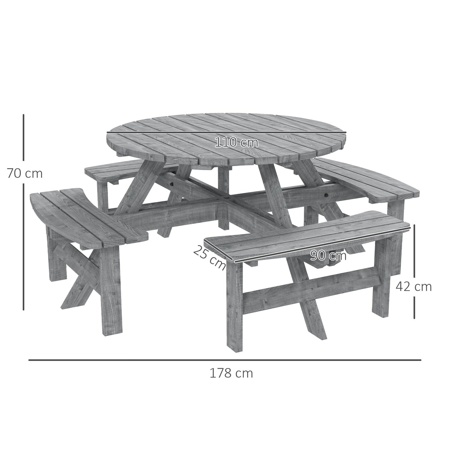 8 Seater Wooden Picnic Table and Garden Benches Set, Round Garden Dining Set with 4 Benches and Umbrella Hole Outdoor Garden Park, Grey