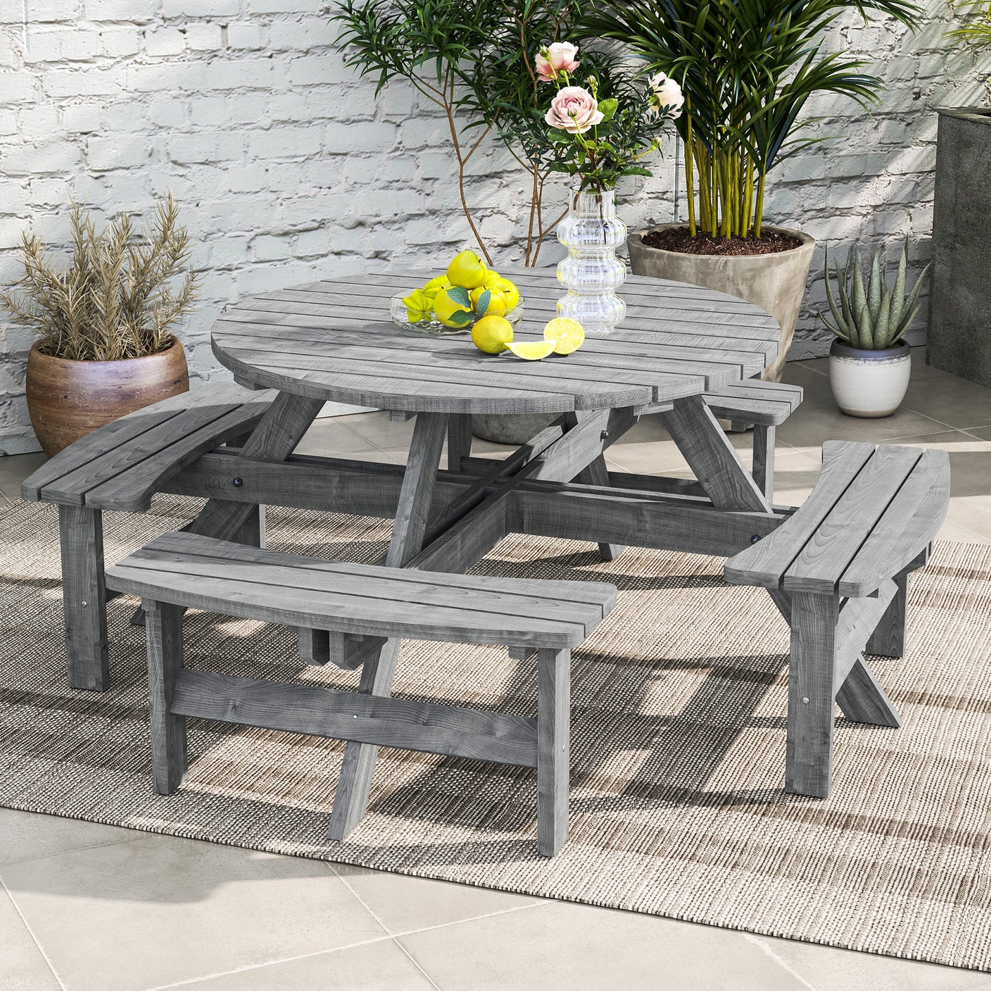 8 Seater Wooden Picnic Table and Garden Benches Set, Round Garden Dining Set with 4 Benches and Umbrella Hole Outdoor Garden Park, Grey