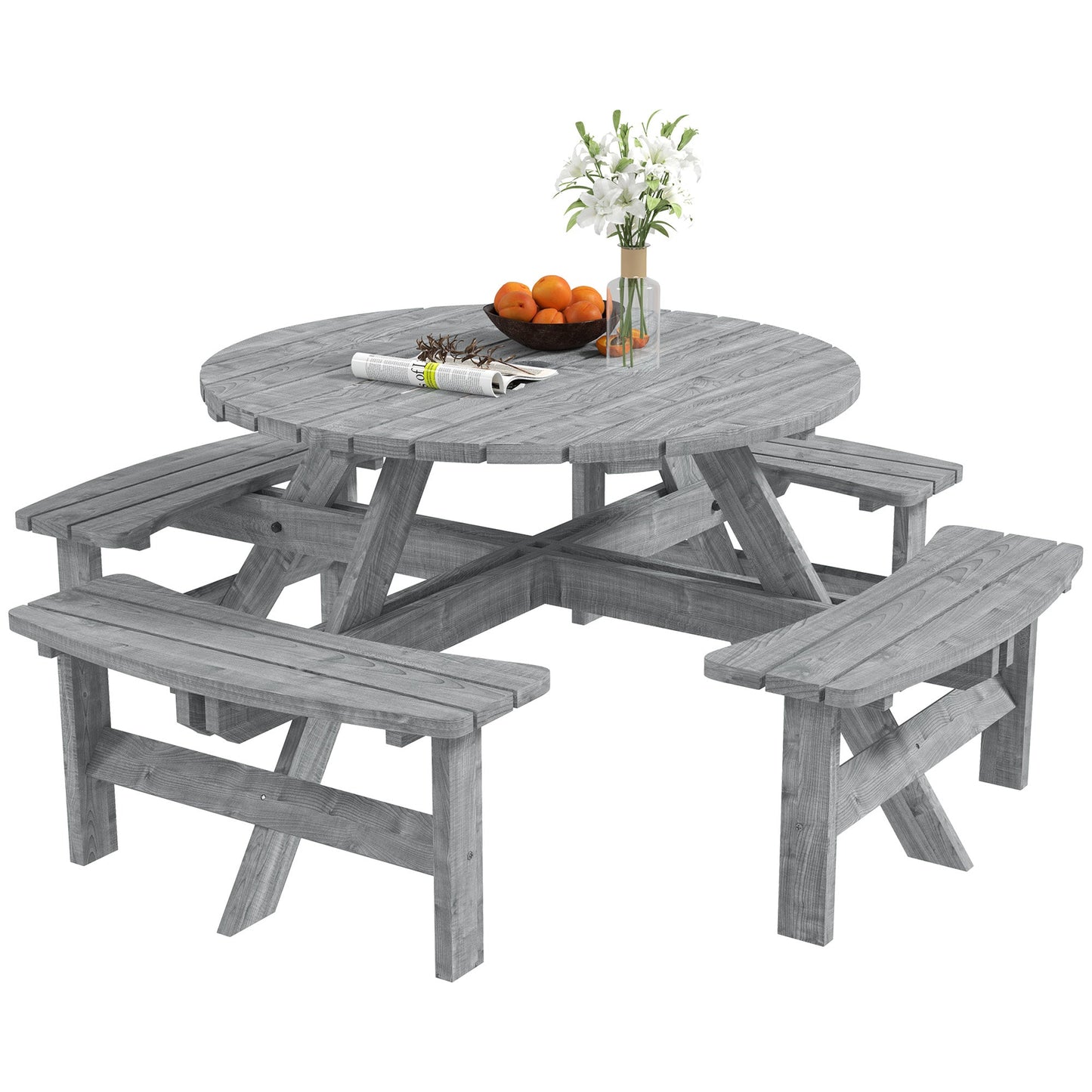 8 Seater Wooden Picnic Table and Garden Benches Set, Round Garden Dining Set with 4 Benches and Umbrella Hole Outdoor Garden Park, Grey