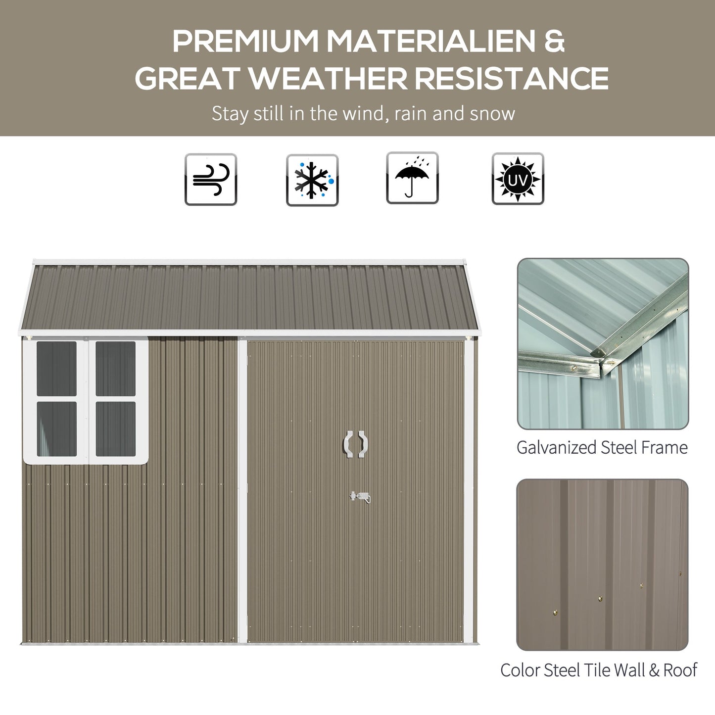 8 x 6 ft Garden Shed, Metal Shed with Single Door, Window and Air Vents, Galvanised Outdoor Lockable Tool Storage House, Grey
