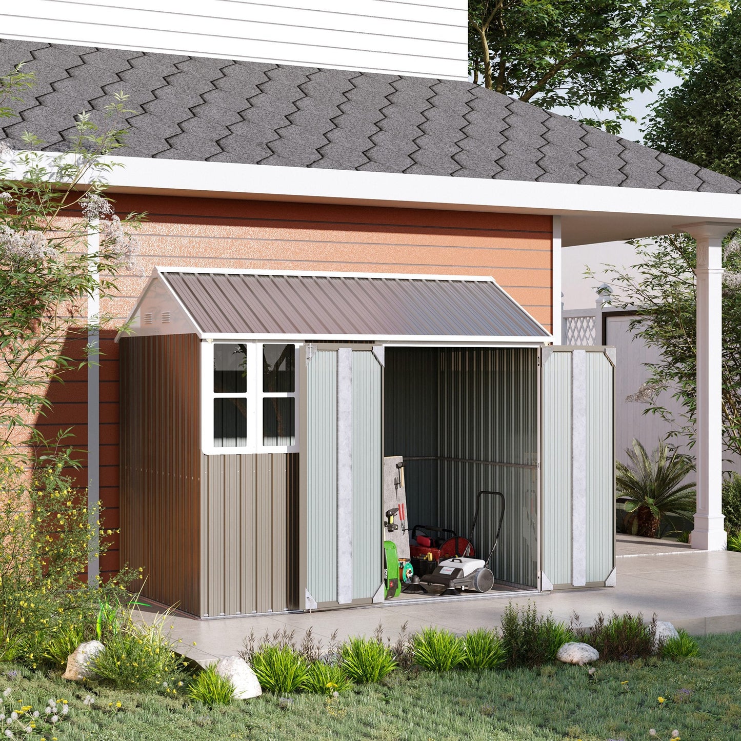 8 x 6 ft Garden Shed, Metal Shed with Single Door, Window and Air Vents, Galvanised Outdoor Lockable Tool Storage House, Grey