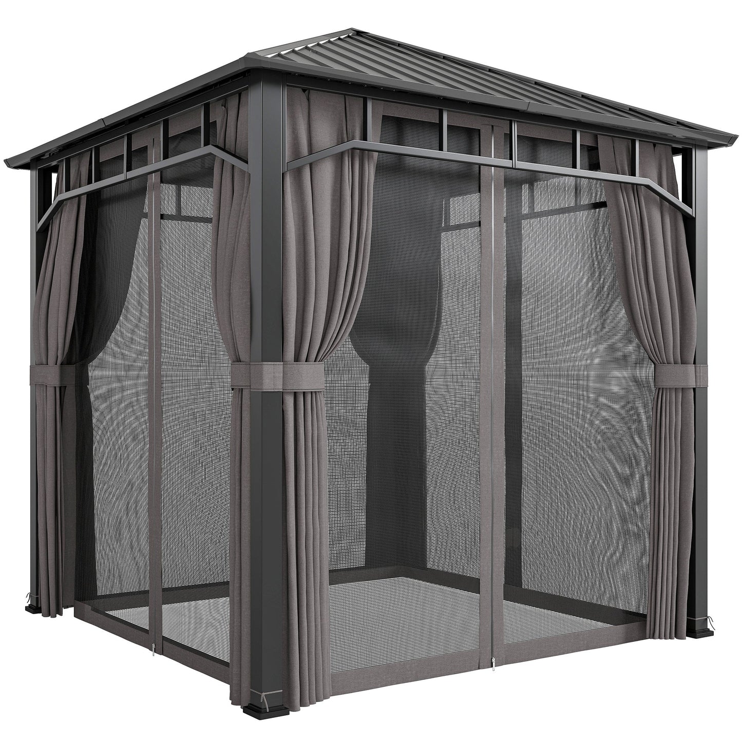 2.5 x 2.5 m Hardtop Gazebo with Galvanised Steel Roof, Waterproof Permanent Pavilion Garden Gazebo with Netting and Curtains for Patio, Deck, Dark Grey