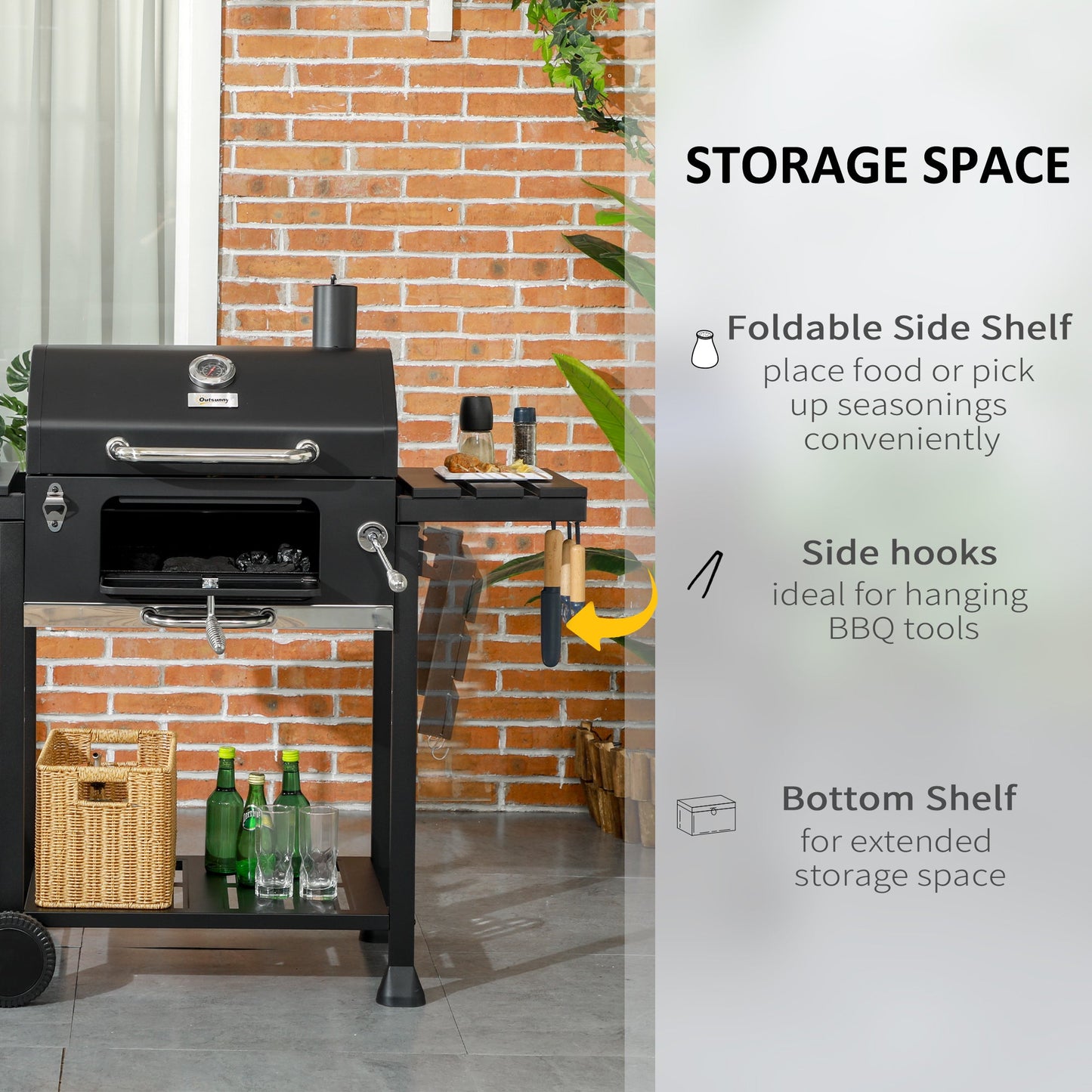 Charcoal Barbecue Grill Trolley with Adjustable Charcoal Pan, Galvanised Steel Smoker BBQ Grill with Storage Shelves, Lid, Themometer, Bottle Opener and Wheels, Black