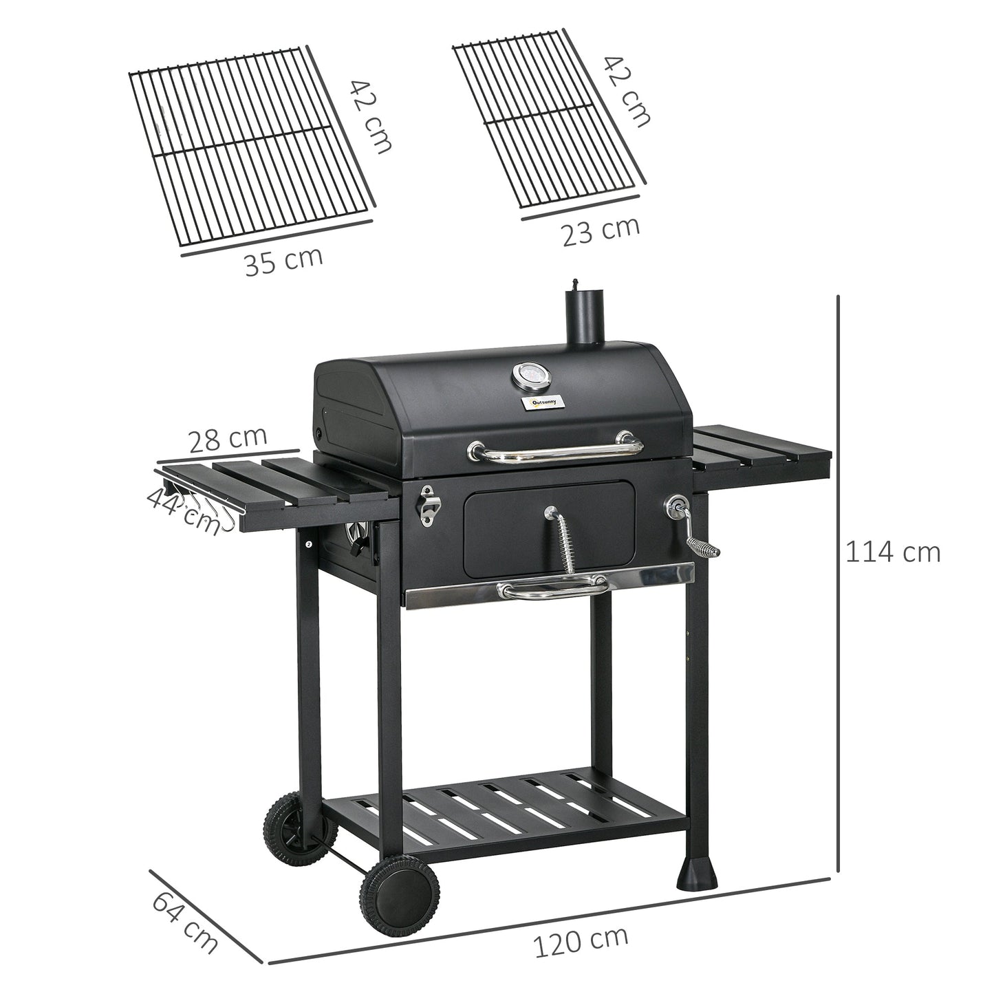 Charcoal Barbecue Grill Trolley with Adjustable Charcoal Pan, Galvanised Steel Smoker BBQ Grill with Storage Shelves, Lid, Themometer, Bottle Opener and Wheels, Black