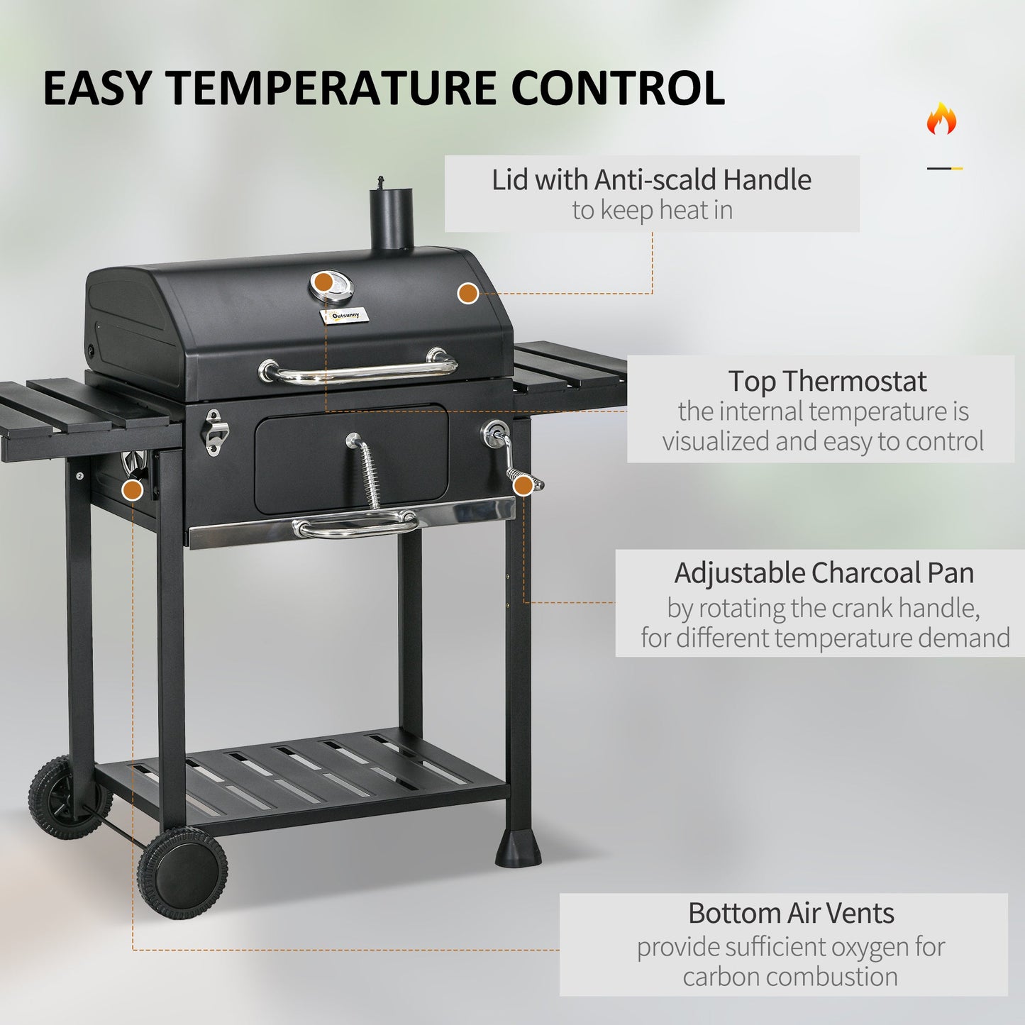 Charcoal Barbecue Grill Trolley with Adjustable Charcoal Pan, Galvanised Steel Smoker BBQ Grill with Storage Shelves, Lid, Themometer, Bottle Opener and Wheels, Black
