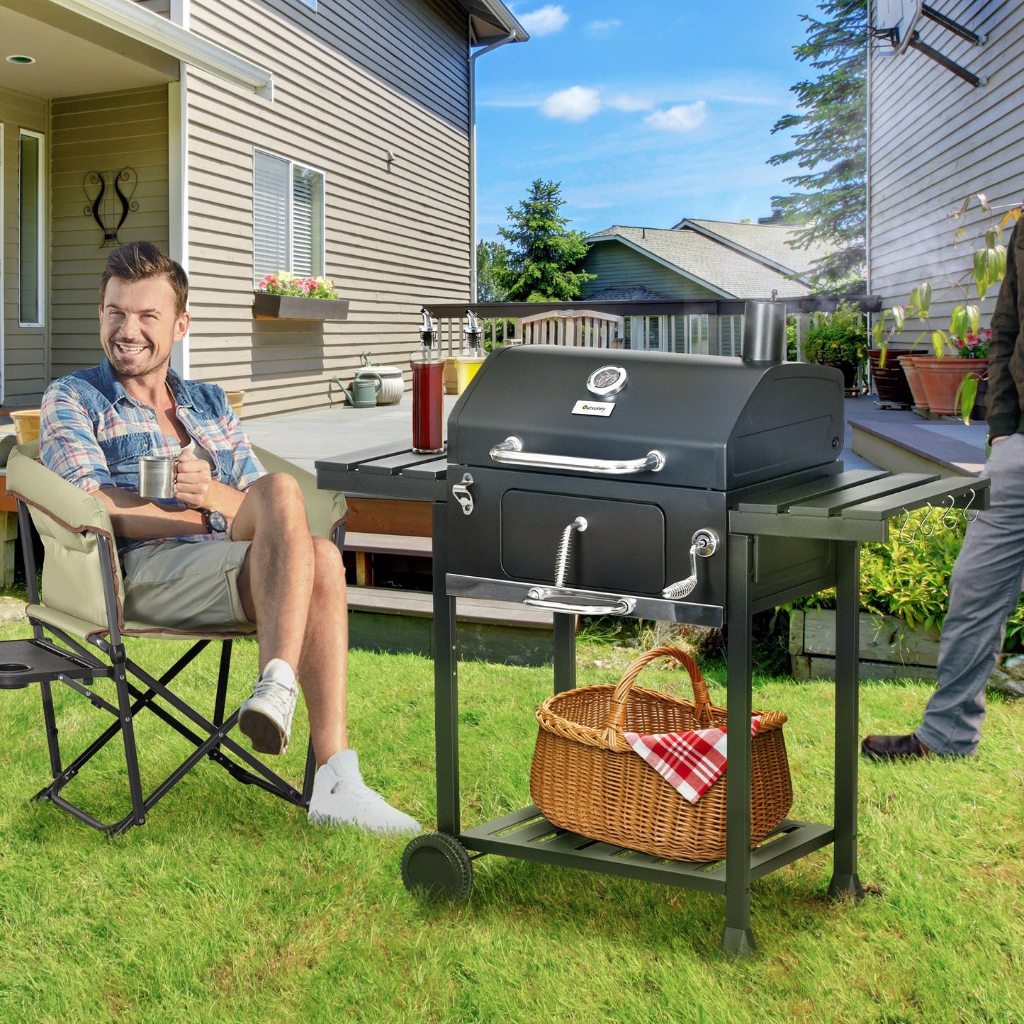 Charcoal Barbecue Grill Trolley with Adjustable Charcoal Pan, Galvanised Steel Smoker BBQ Grill with Storage Shelves, Lid, Themometer, Bottle Opener and Wheels, Black
