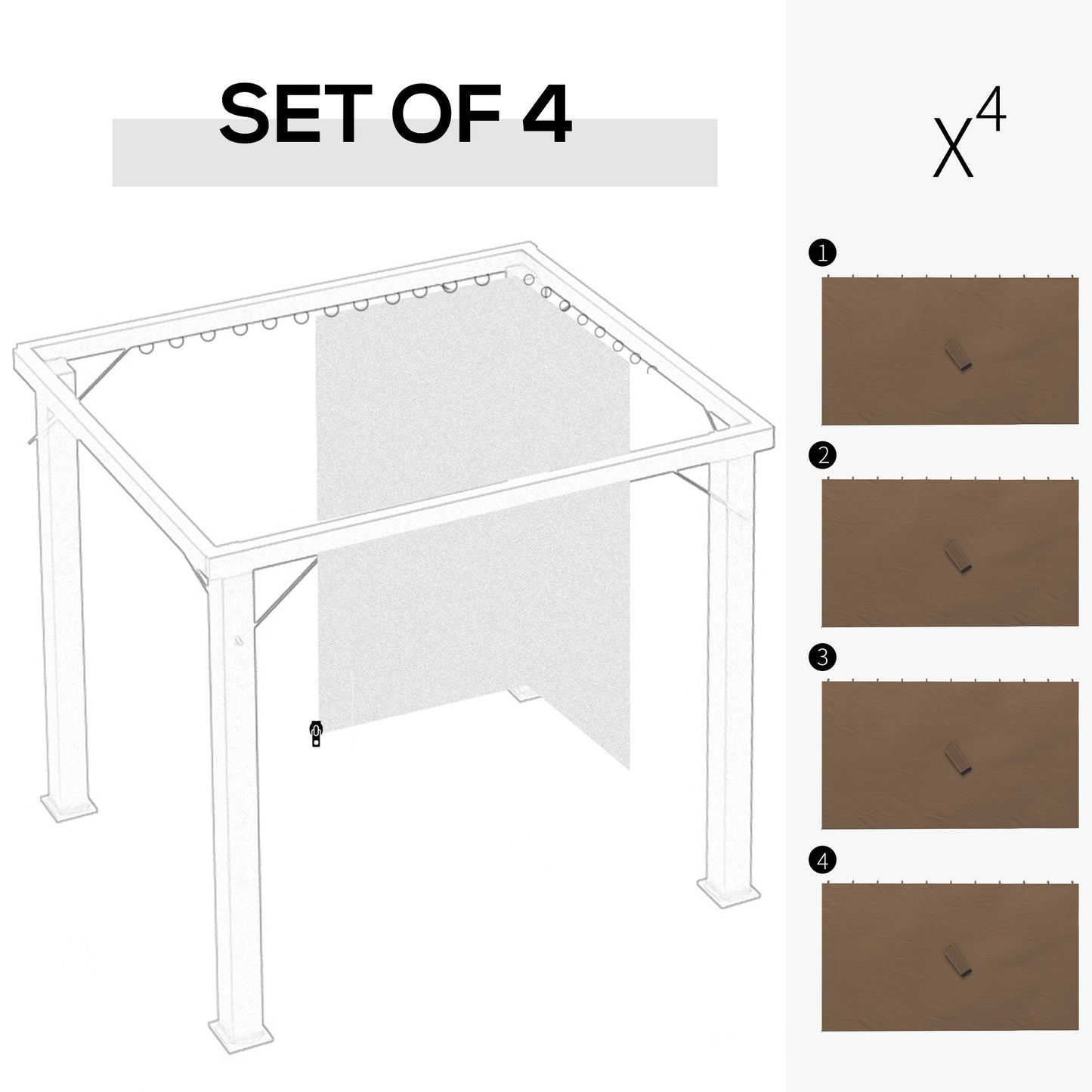 4 Pack Replacement Gazebo Curtains Privacy Panel for Most 3 x 4m Gazebo Canopy Pavillion Outdoor Shelter Sidewalls Accessories Dark Brown