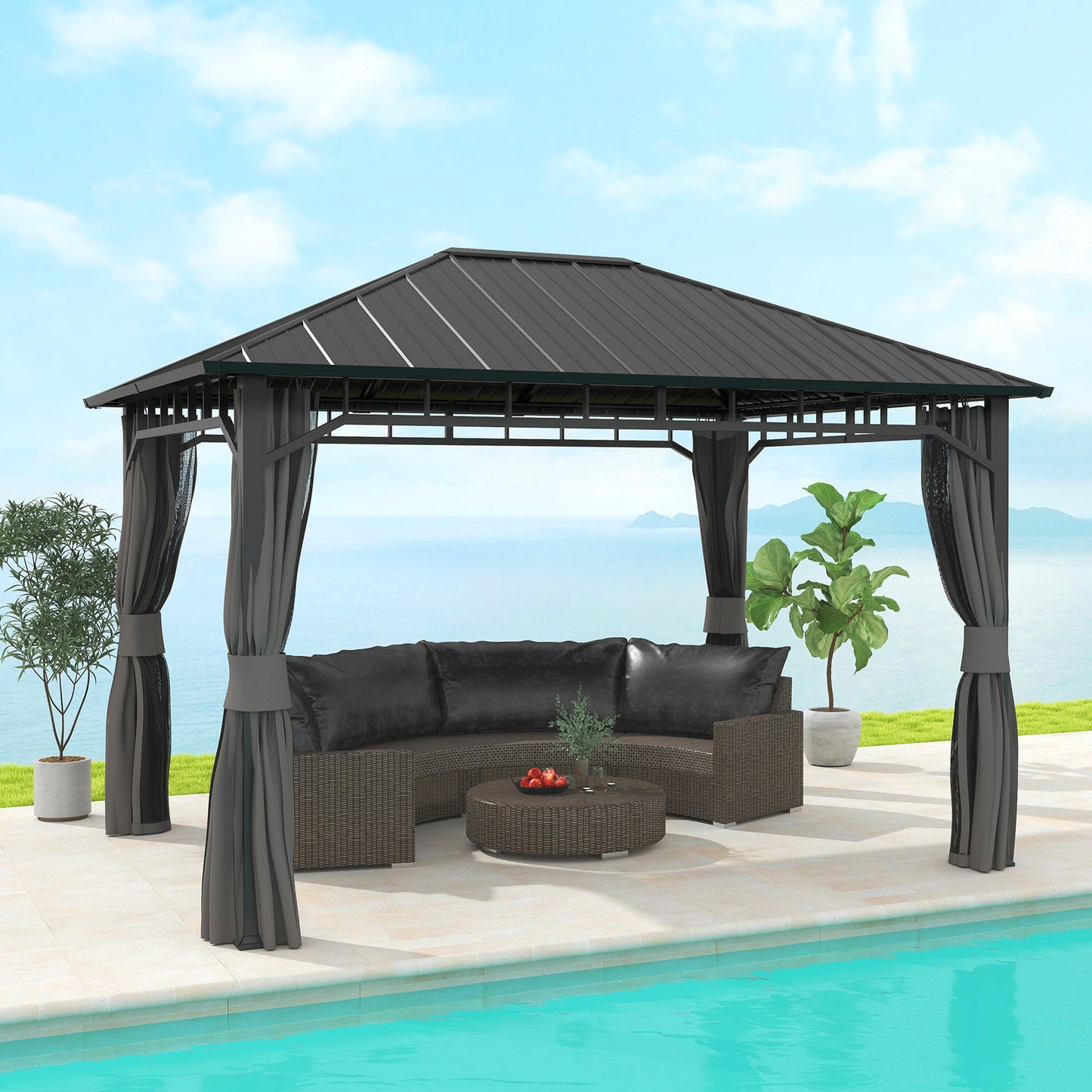 3 x 4m Hardtop Gazebo with Galvanised Steel Roof and Water Gutter, Waterproof Permanent Pavilion Garden Gazebo with Netting and Curtains for Patio, Deck
