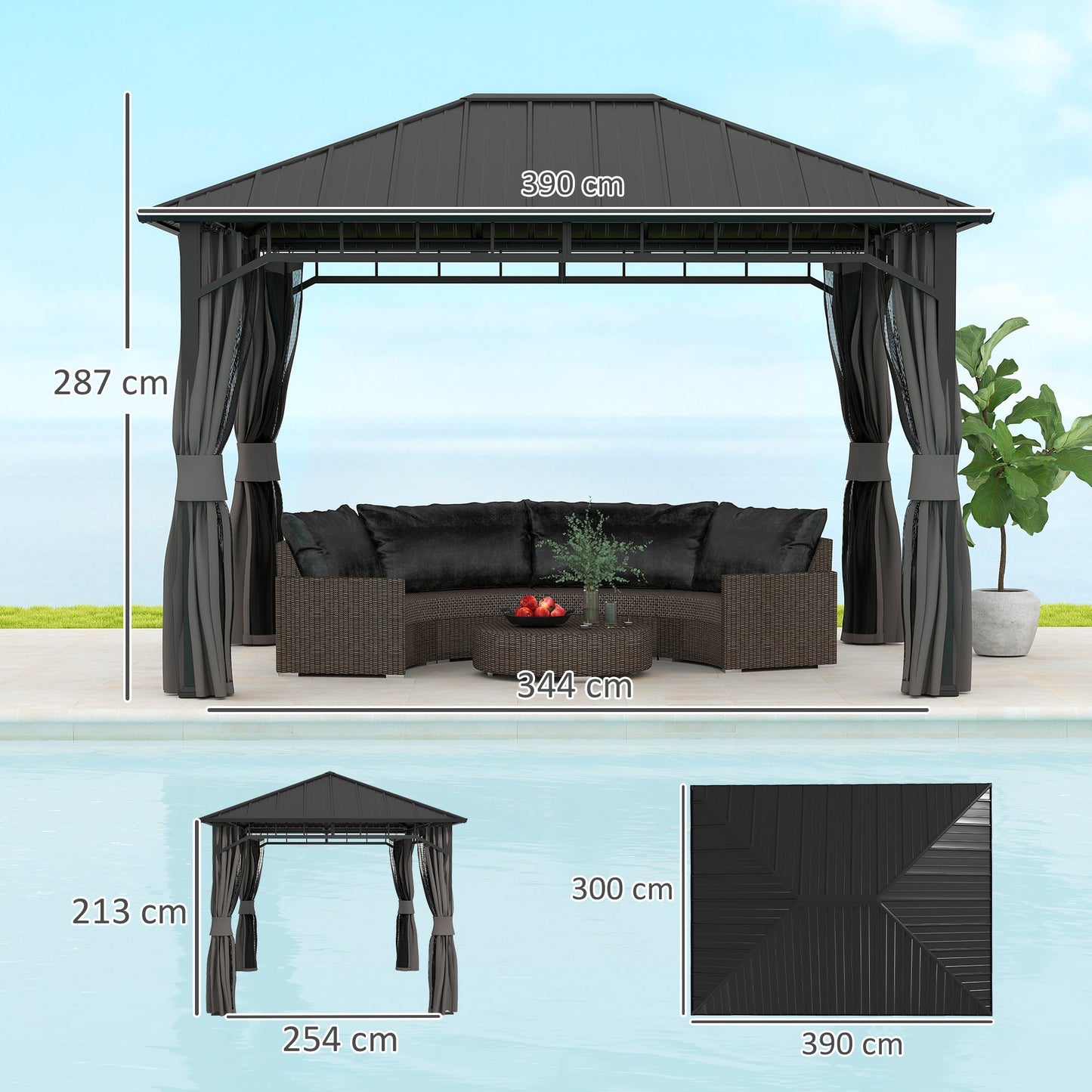 3 x 4m Hardtop Gazebo with Galvanised Steel Roof and Water Gutter, Waterproof Permanent Pavilion Garden Gazebo with Netting and Curtains for Patio, Deck