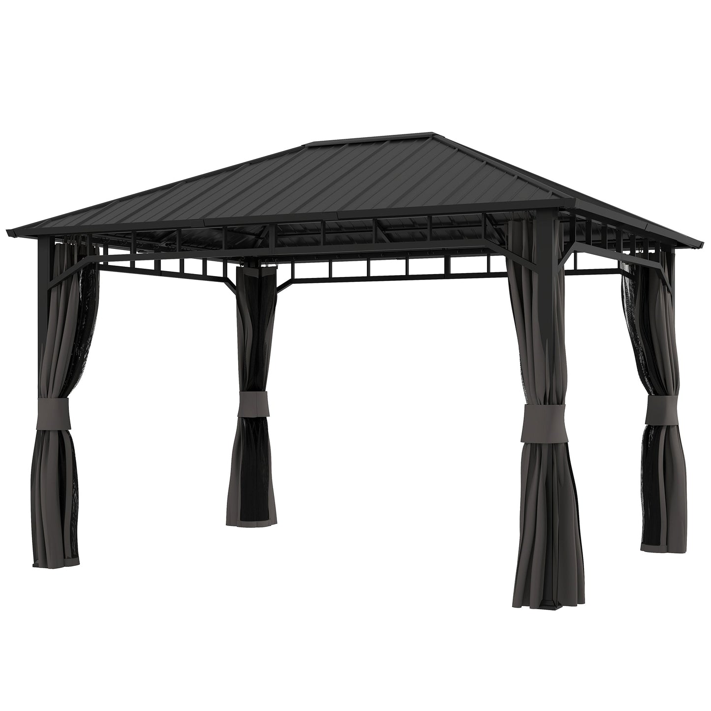 3 x 4m Hardtop Gazebo with Galvanised Steel Roof and Water Gutter, Waterproof Permanent Pavilion Garden Gazebo with Netting and Curtains for Patio, Deck
