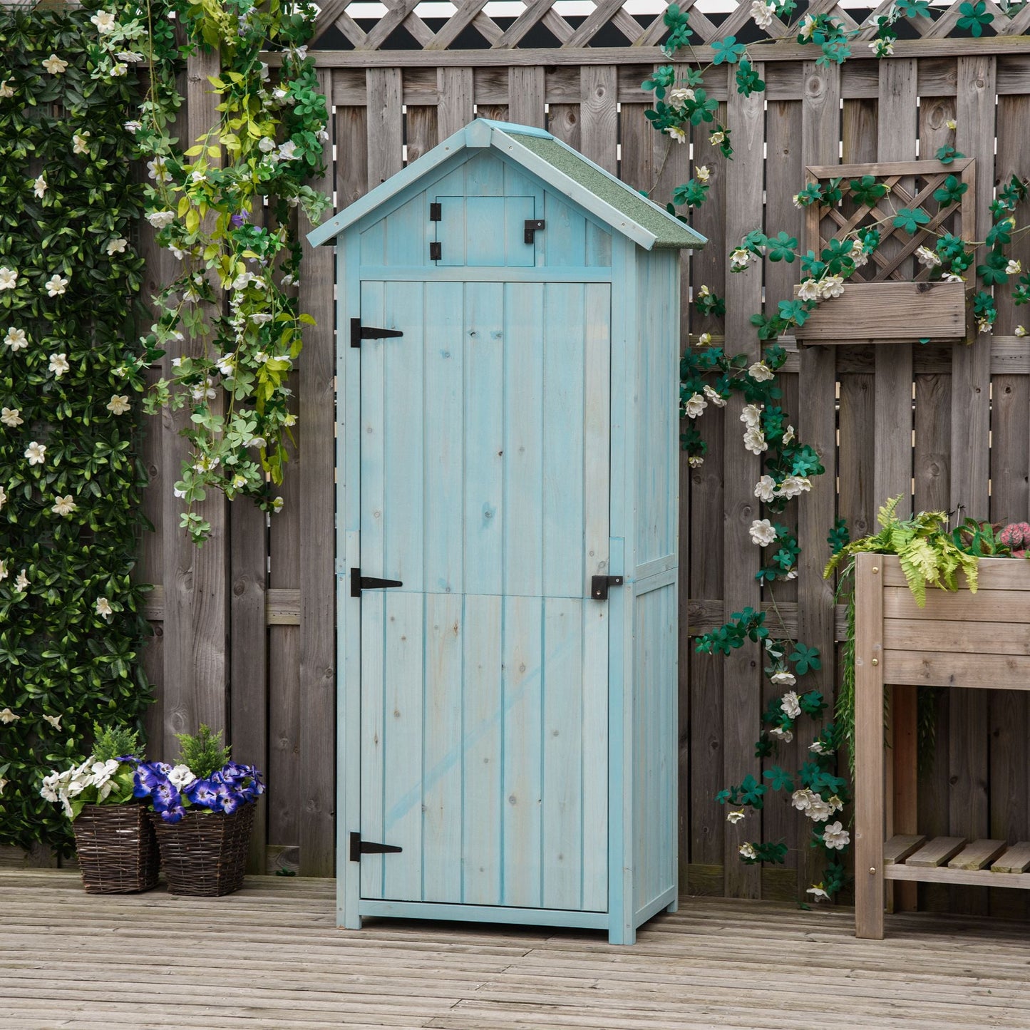 Garden Shed Vertical Utility 3 Shelves Shed Wood Outdoor Garden Tool Storage Unit Storage Cabinet, 77 x 54.2 x 179cm - Blue