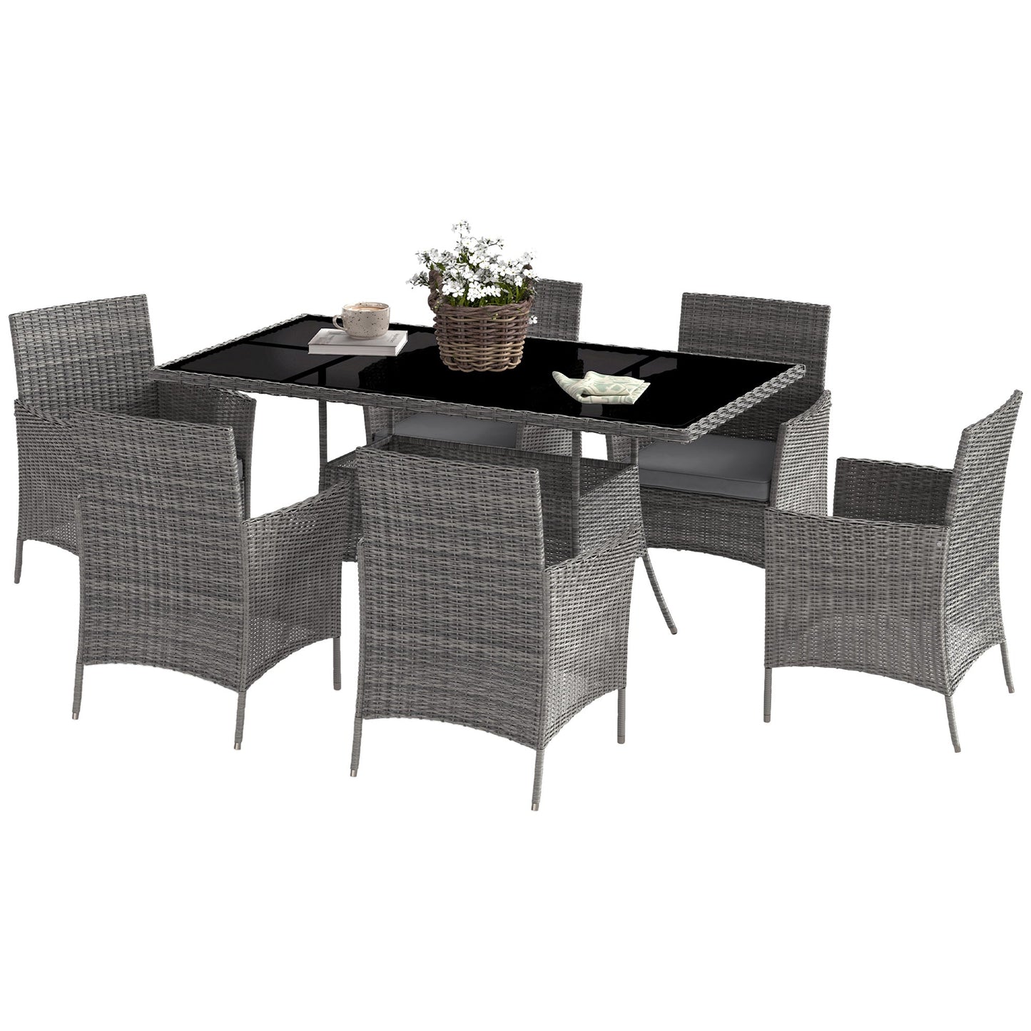 7-Piece Rattan Garden Furniture Set with Cushions, 6 Seater Garden Table and Chairs, Rattan Dining Set with 6 Armchairs, Rectangular Glass Top Table, Charcoal Grey