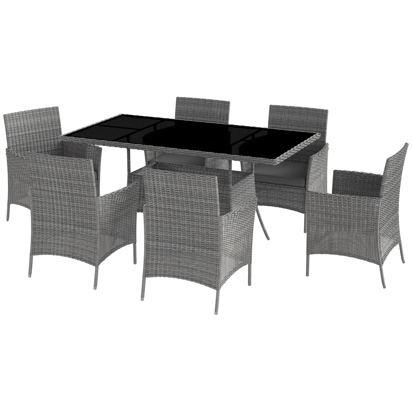 7-Piece Rattan Garden Furniture Set with Cushions, 6 Seater Garden Table and Chairs, Rattan Dining Set with 6 Armchairs, Rectangular Glass Top Table, Charcoal Grey