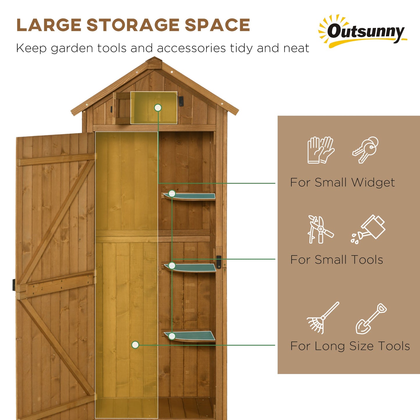 Garden Shed Vertical Utility 3 Shelves Shed Wood Outdoor Garden Tool Storage Unit Storage Cabinet, 77 x 54.2 x 179cm - Brown