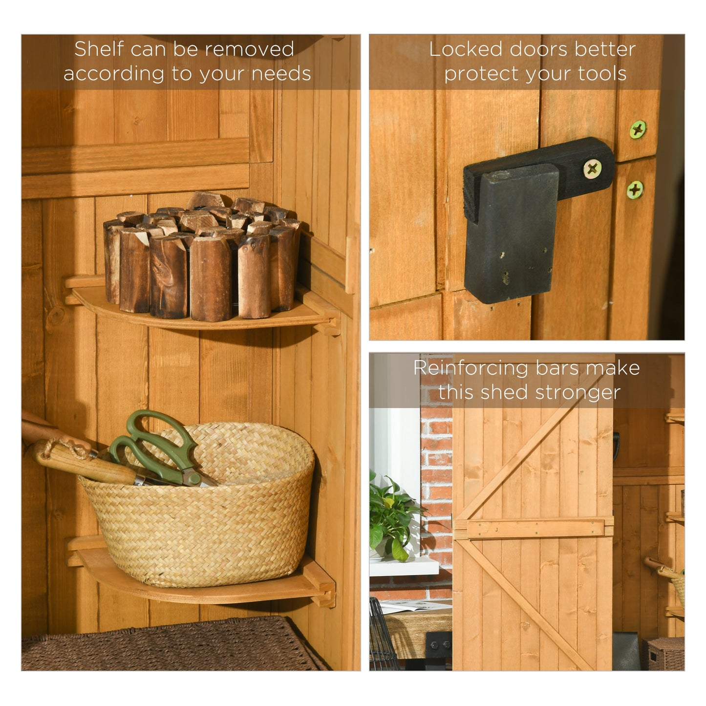 Garden Shed Vertical Utility 3 Shelves Shed Wood Outdoor Garden Tool Storage Unit Storage Cabinet, 77 x 54.2 x 179cm - Brown