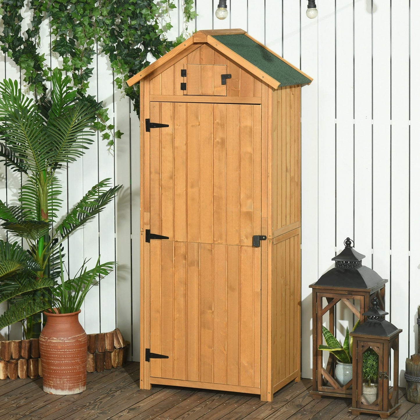 Garden Shed Vertical Utility 3 Shelves Shed Wood Outdoor Garden Tool Storage Unit Storage Cabinet, 77 x 54.2 x 179cm - Brown