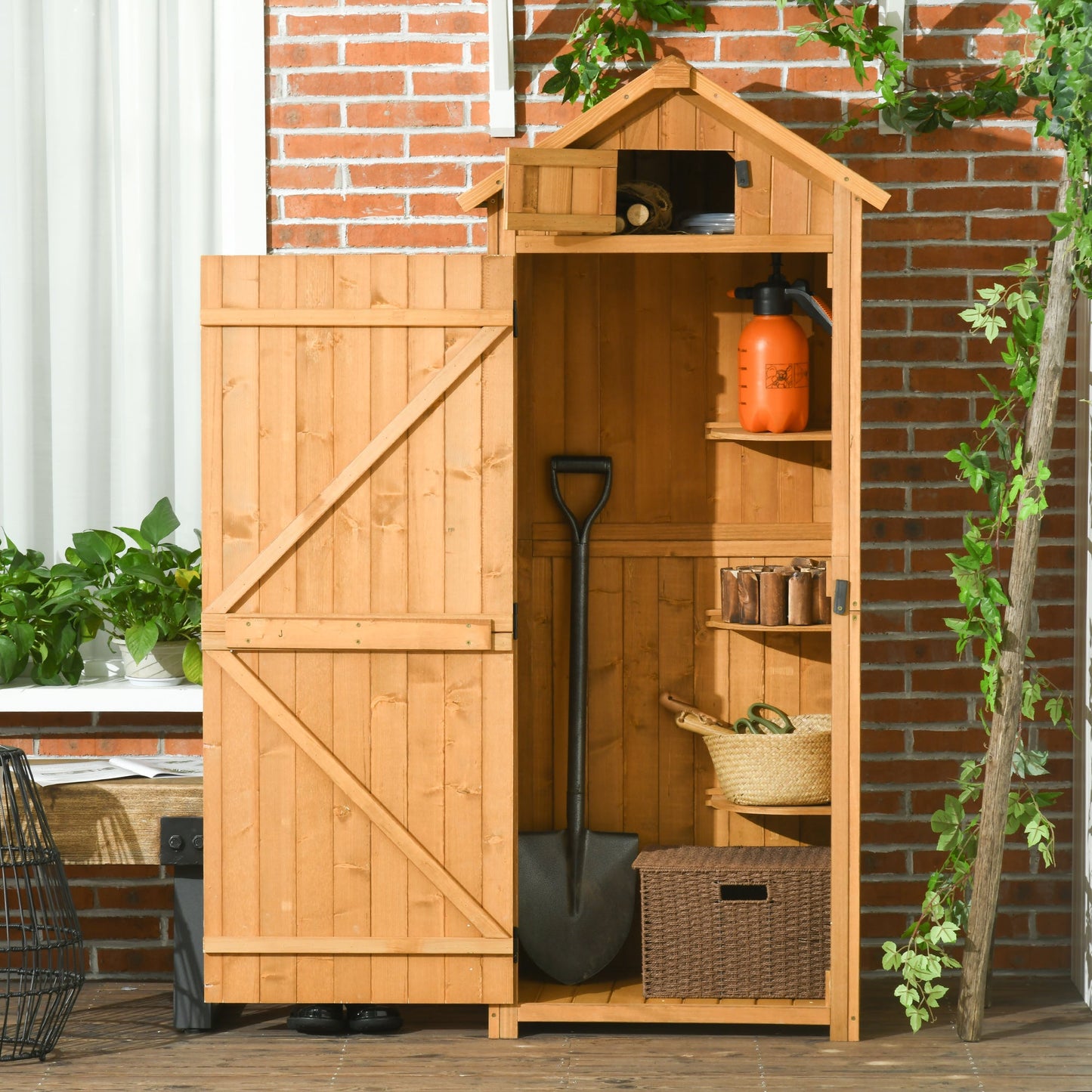Garden Shed Vertical Utility 3 Shelves Shed Wood Outdoor Garden Tool Storage Unit Storage Cabinet, 77 x 54.2 x 179cm - Brown