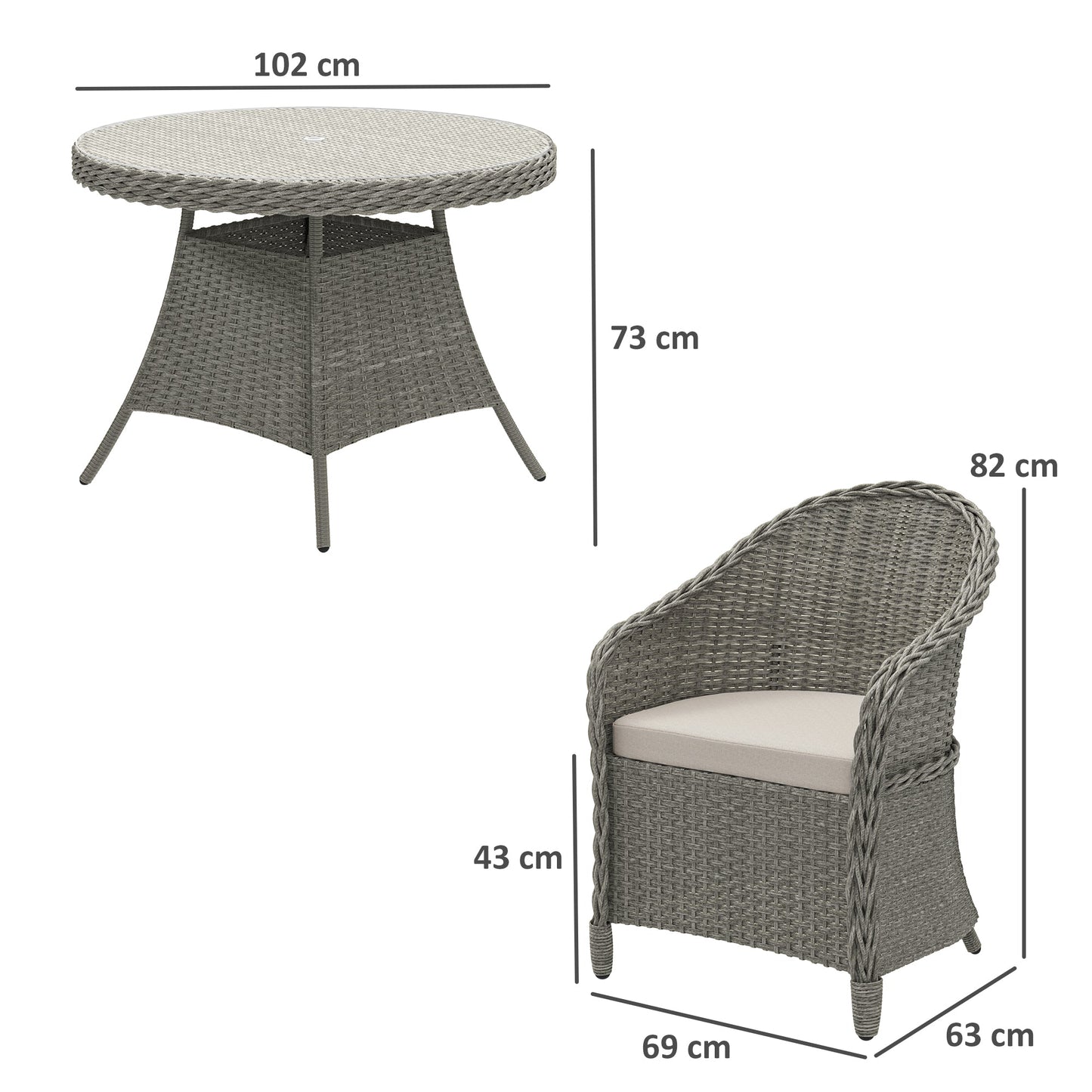 4 Seater Rattan Garden Furniture Set with Cushions, Round PE Rattan Dining Set with Glass-Top Table, Umbrella Hole, Outdoor Garden Table and Chairs, Grey