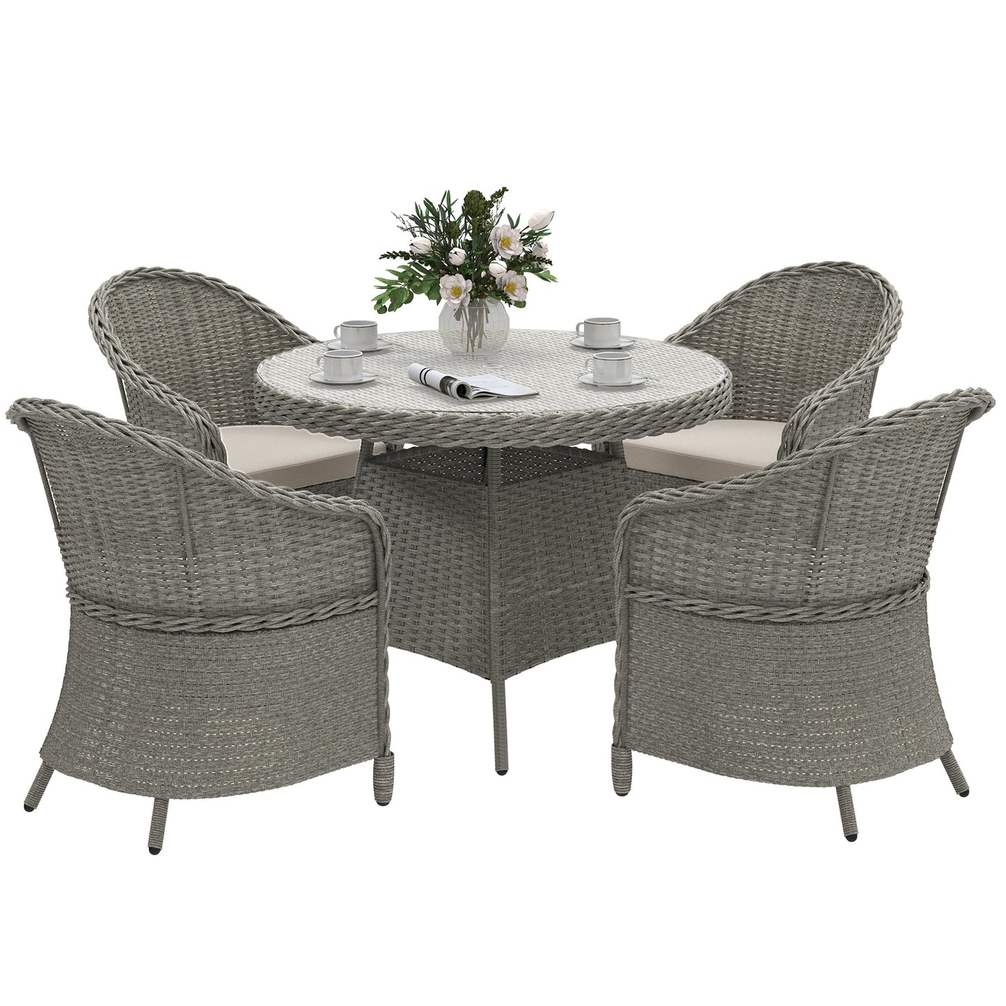 4 Seater Rattan Garden Furniture Set with Cushions, Round PE Rattan Dining Set with Glass-Top Table, Umbrella Hole, Outdoor Garden Table and Chairs, Grey