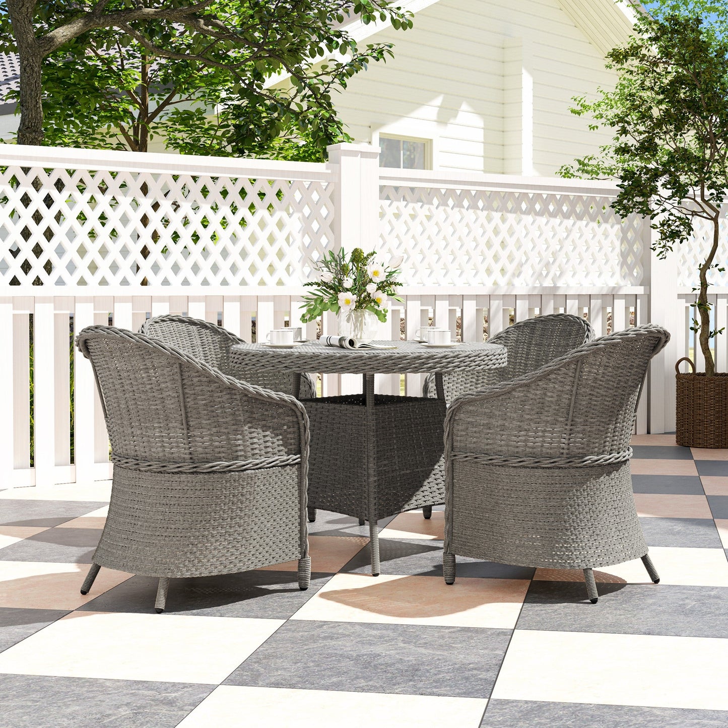 4 Seater Rattan Garden Furniture Set with Cushions, Round PE Rattan Dining Set with Glass-Top Table, Umbrella Hole, Outdoor Garden Table and Chairs, Grey