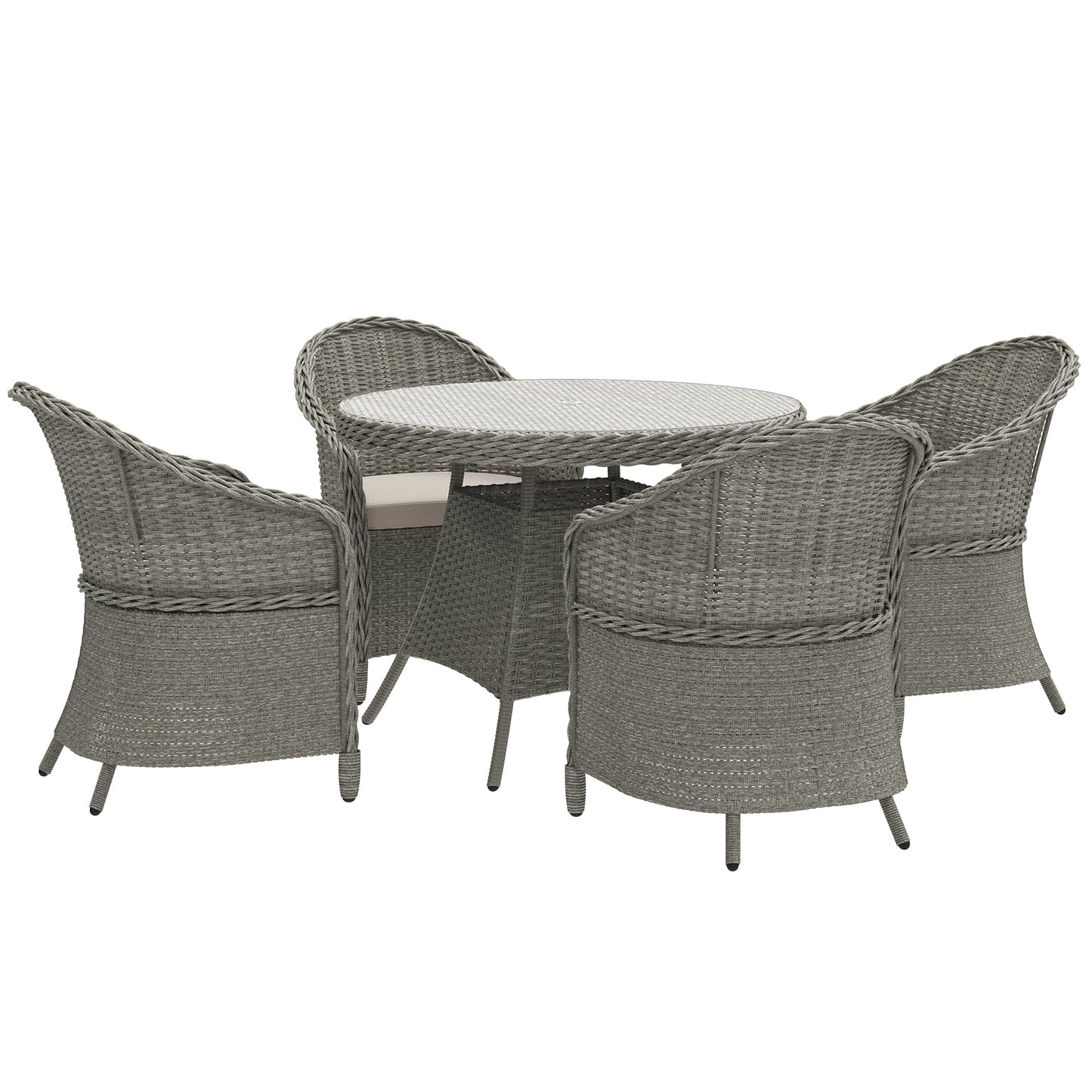 4 Seater Rattan Garden Furniture Set with Cushions, Round PE Rattan Dining Set with Glass-Top Table, Umbrella Hole, Outdoor Garden Table and Chairs, Grey