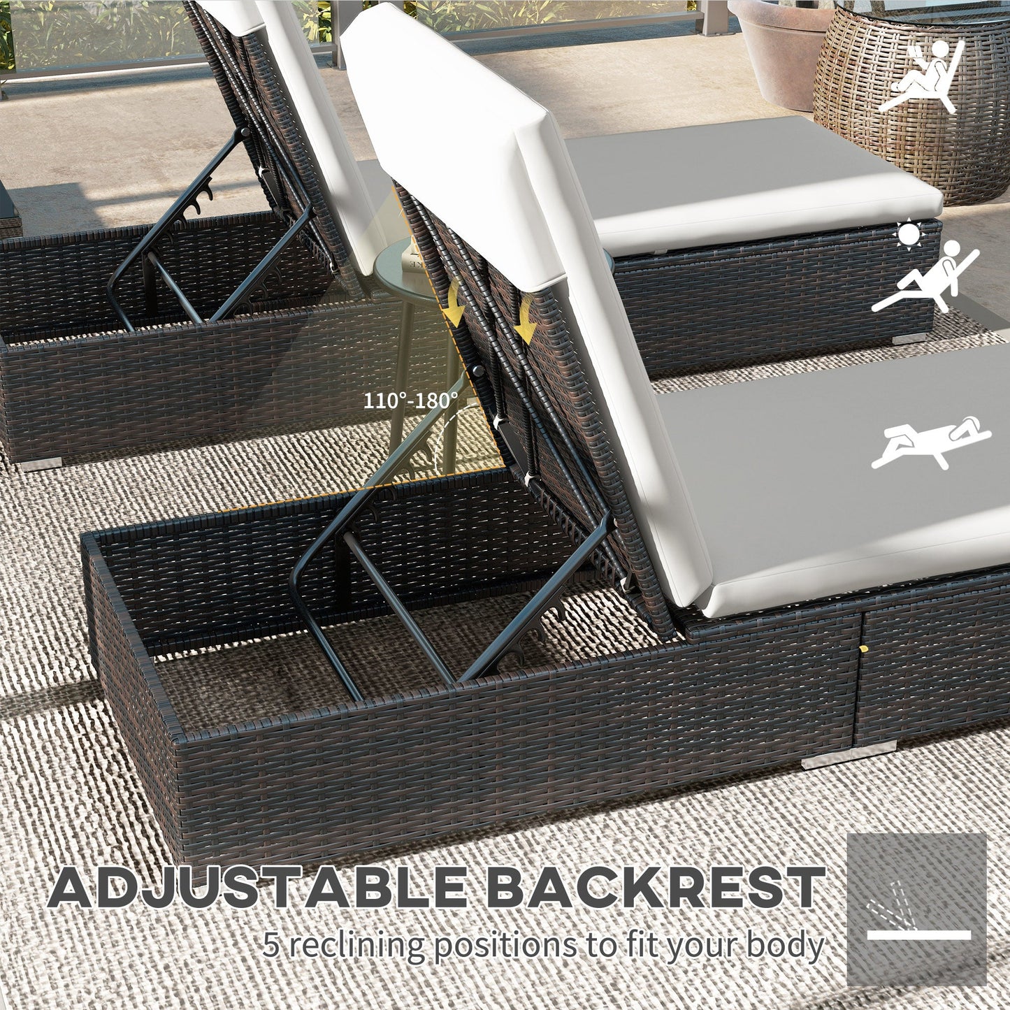 PE Rattan Sun Loungers Set of 2, Five-level Adjustable Recliner Chairs w/ Soft Padded Cushion for Patio, Garden, Mixed Brown