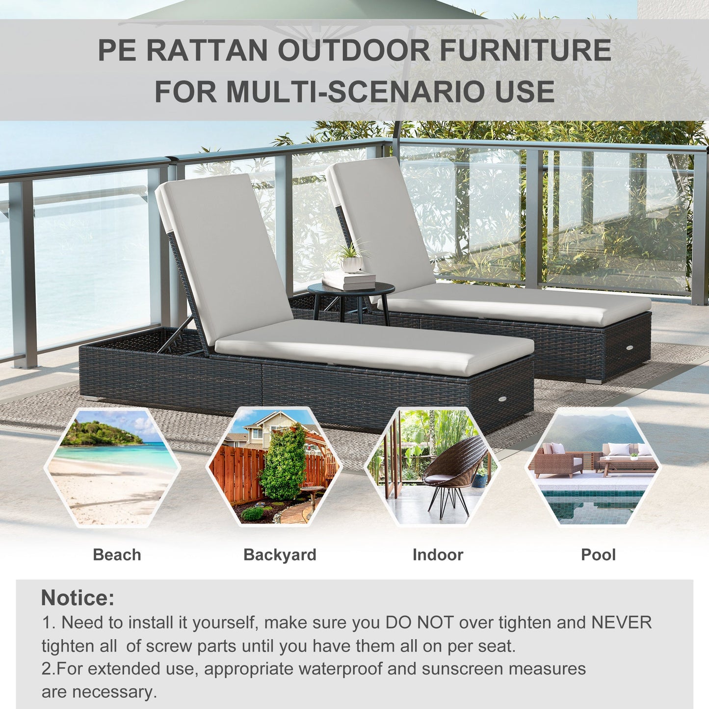 PE Rattan Sun Loungers Set of 2, Five-level Adjustable Recliner Chairs w/ Soft Padded Cushion for Patio, Garden, Mixed Brown