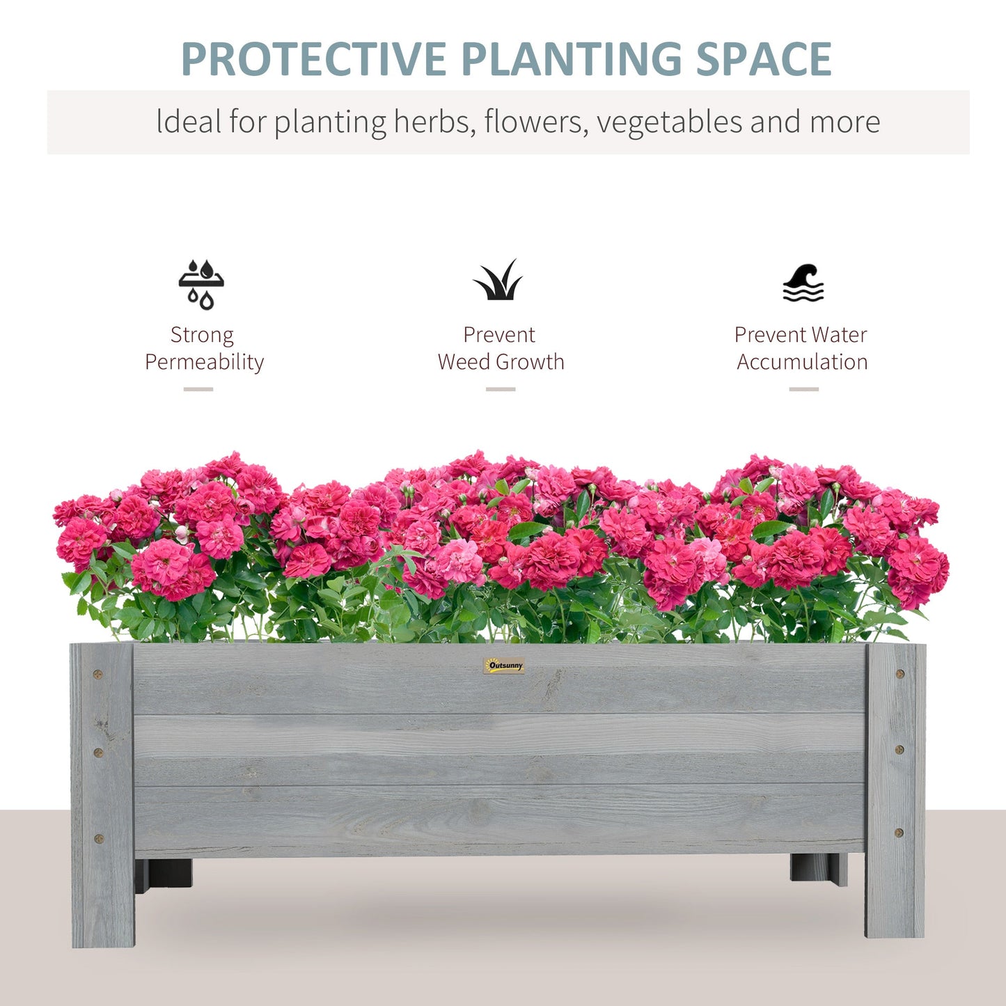 58L Garden Raised Bed Planter Grow Containers for Outdoor Patio Plant Flower Vegetable Pot Fir Wood, 100 x 36.5 x 36 cm, Grey