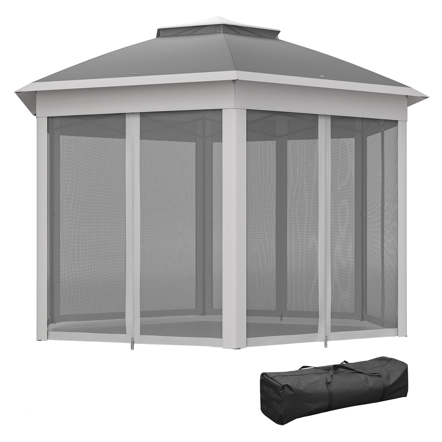 3 x 4m Garden Gazebo Hexagon Pop Up Party Tent Canopy Double Roof Instant Shelter with Netting and Carry Bag for Outdoor Patio, Dark Grey