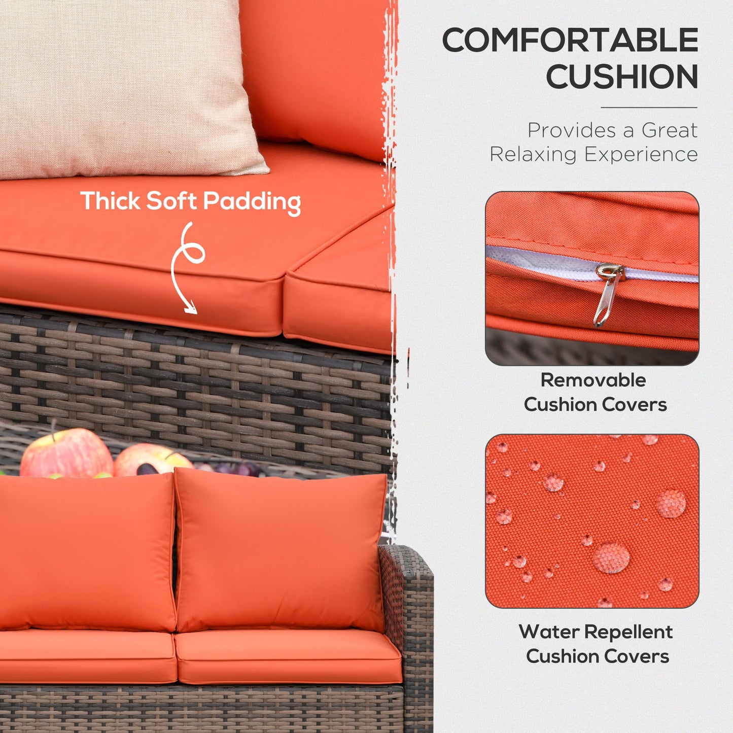 6 Pieces Rattan Garden Furniture Set, 7 Seater Wicker Outdoor Furniture Set with Storage Tea Table & Side Table, Sectional Garden Sofa Set with Cushions, Orange