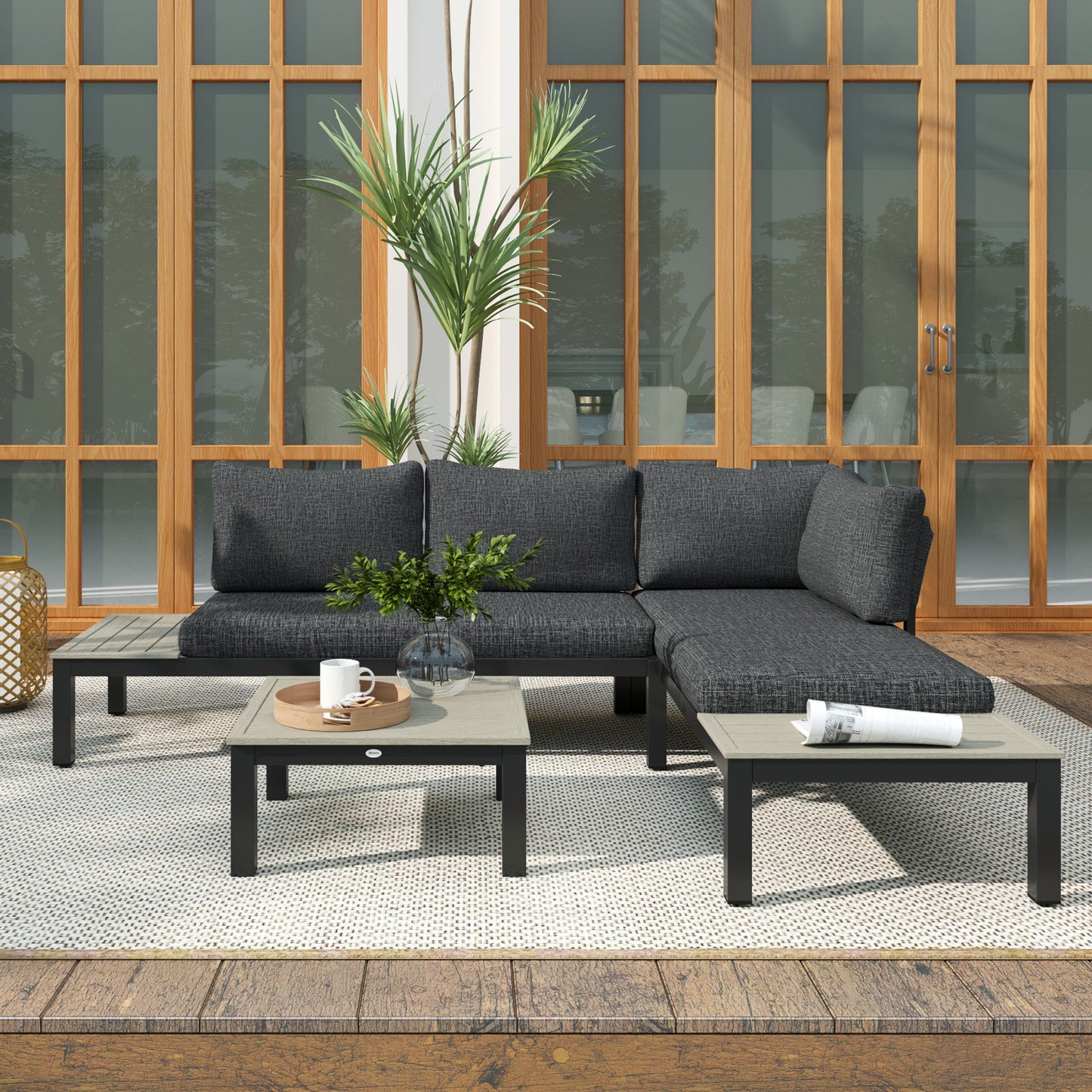 3 Pieces Garden Furniture Set, Aluminium 4 Seater Corner Sofa Set with 2 Loveseats, Coffee Table and Side Trays, Outdoor Conversation Furniture with Cushions for Garden, Dark Grey