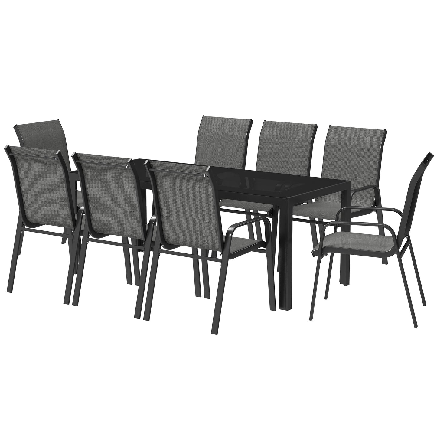 8 Seater Garden Dining Set with Stacking Chairs, Rectangular Tempered Glass Top, Garden Furniture Set, Outdoor Dining Table and Chairs for Patio, Balcony, Poolside, Dark Grey