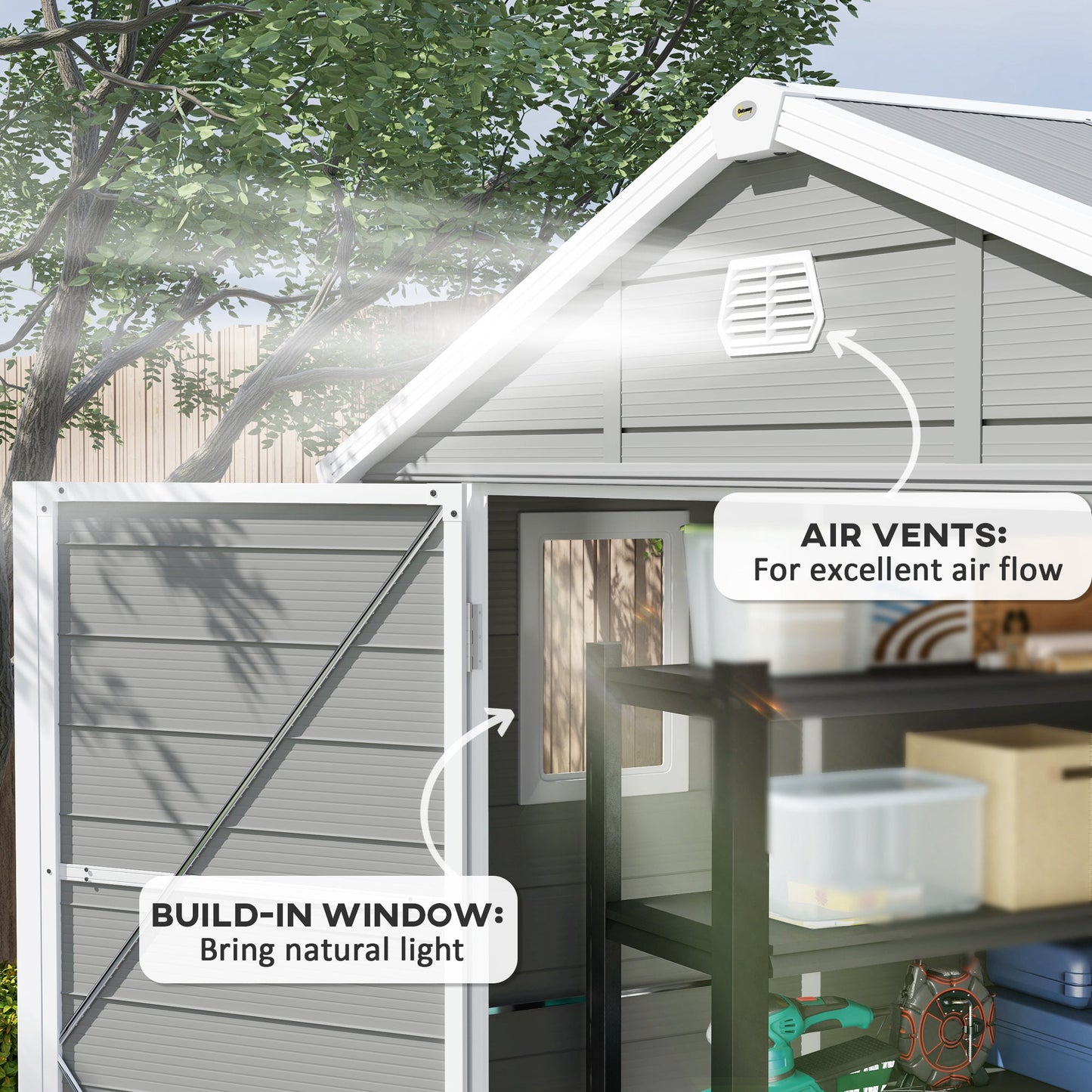 8 x 6ft Plastic Garden Storage Shed with Foundation Kit, Polypropylene Outdoor Storage Tool House with Ventilation Slots and Lockable Door, Light Grey