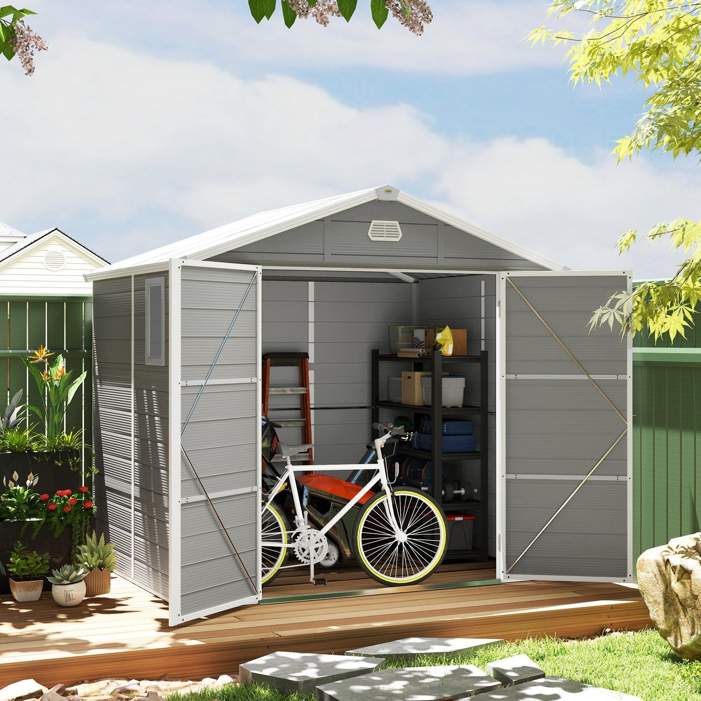 8 x 6ft Plastic Garden Storage Shed with Foundation Kit, Polypropylene Outdoor Storage Tool House with Ventilation Slots and Lockable Door, Light Grey