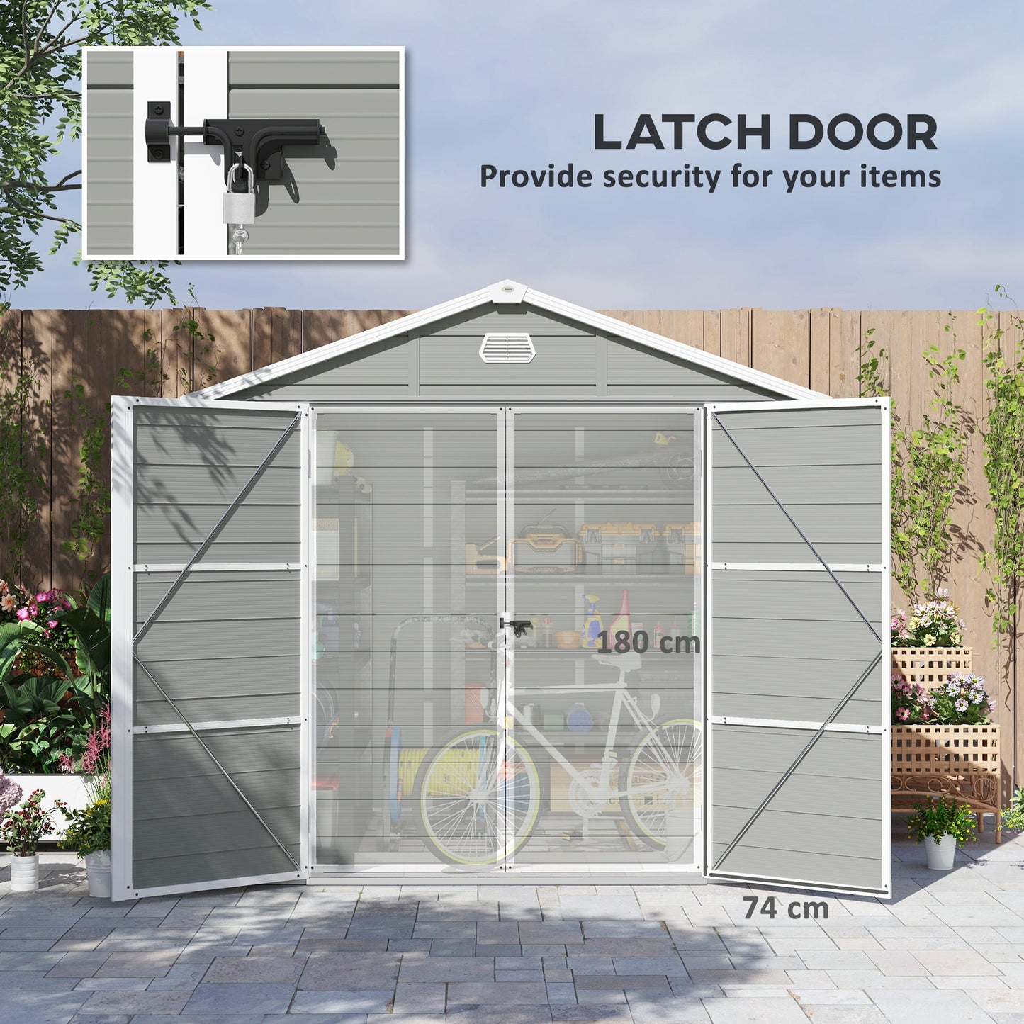 8 x 6ft Plastic Garden Storage Shed with Foundation Kit, Polypropylene Outdoor Storage Tool House with Ventilation Slots and Lockable Door, Light Grey