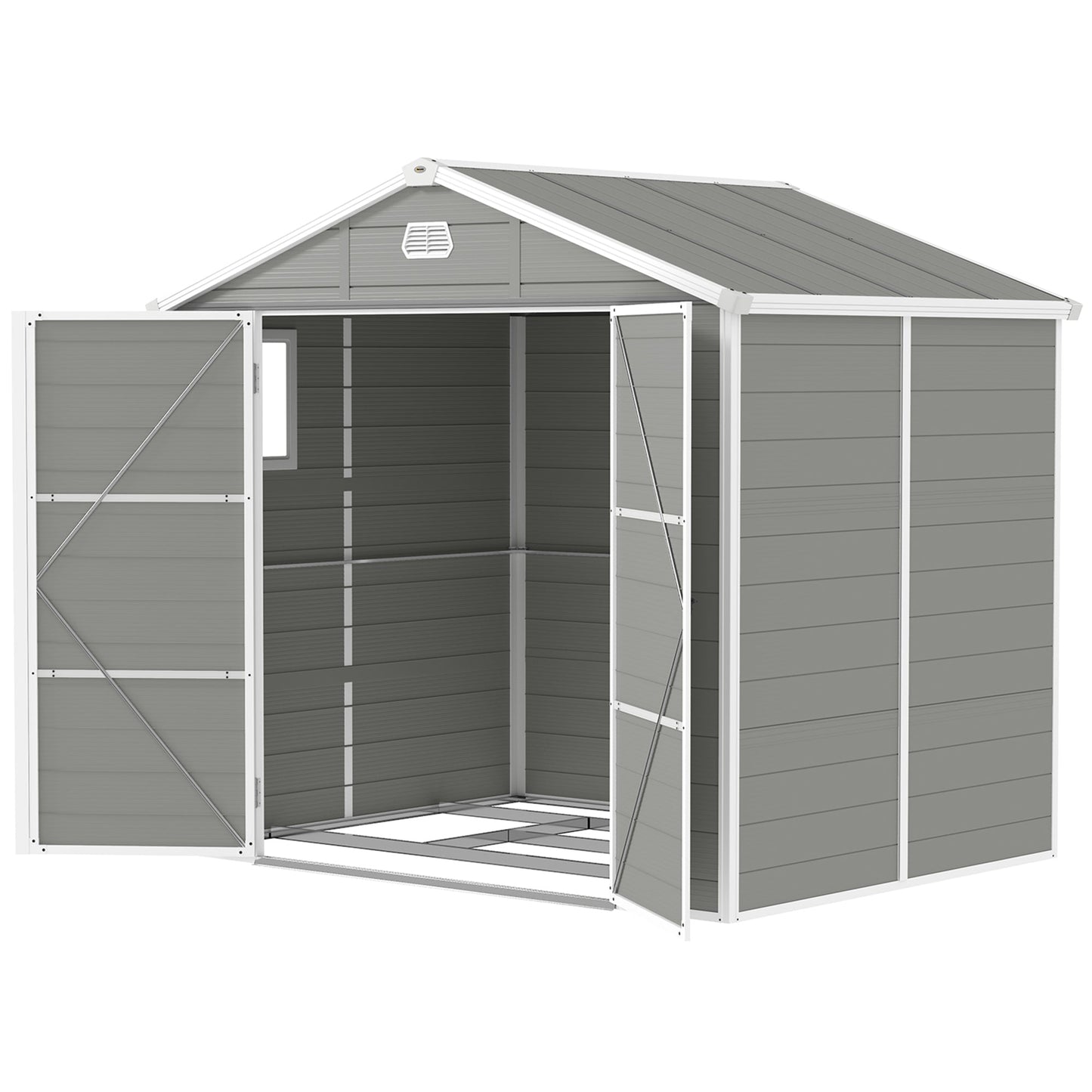 8 x 6ft Plastic Garden Storage Shed with Foundation Kit, Polypropylene Outdoor Storage Tool House with Ventilation Slots and Lockable Door, Light Grey