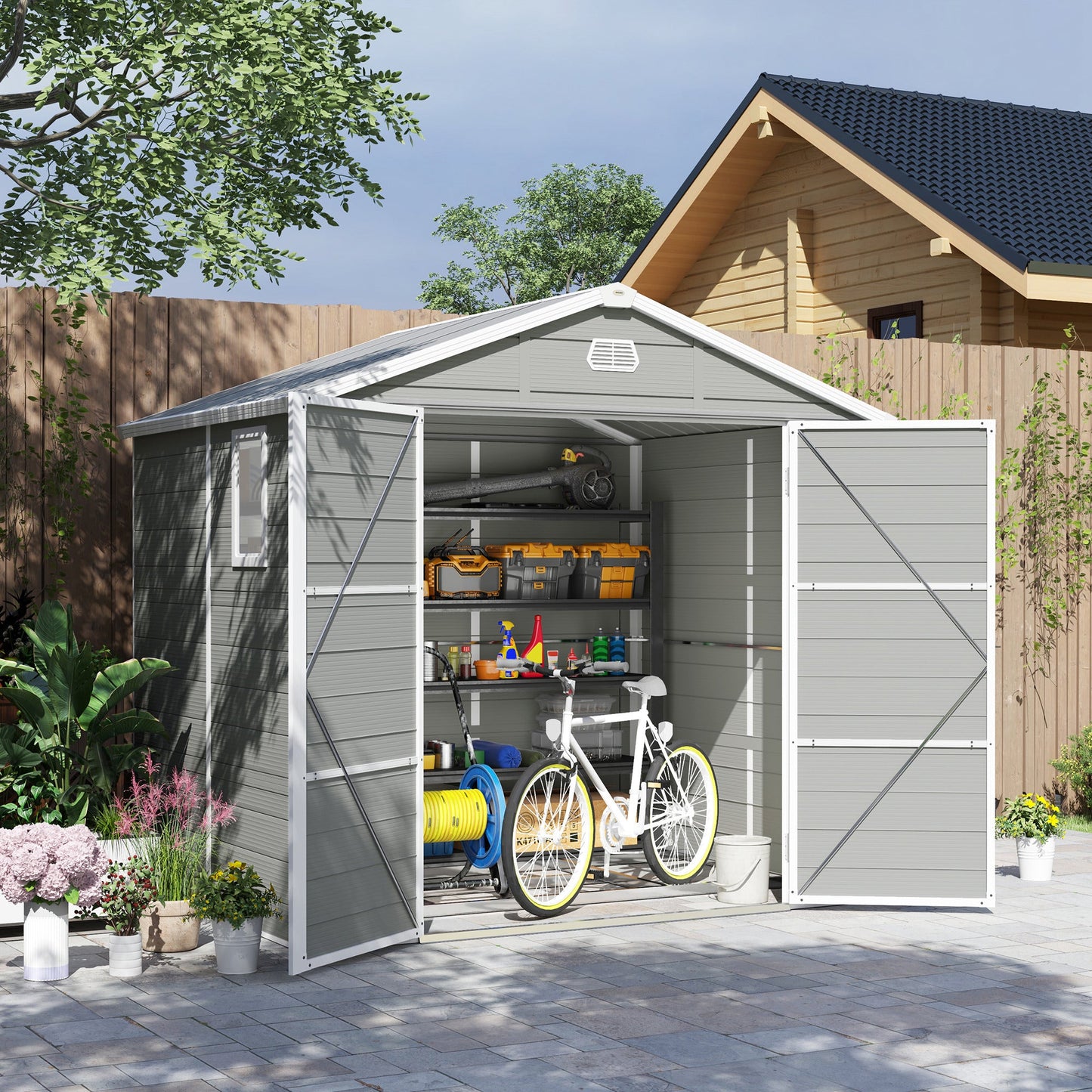 8 x 6ft Plastic Garden Storage Shed with Foundation Kit, Polypropylene Outdoor Storage Tool House with Ventilation Slots and Lockable Door, Light Grey