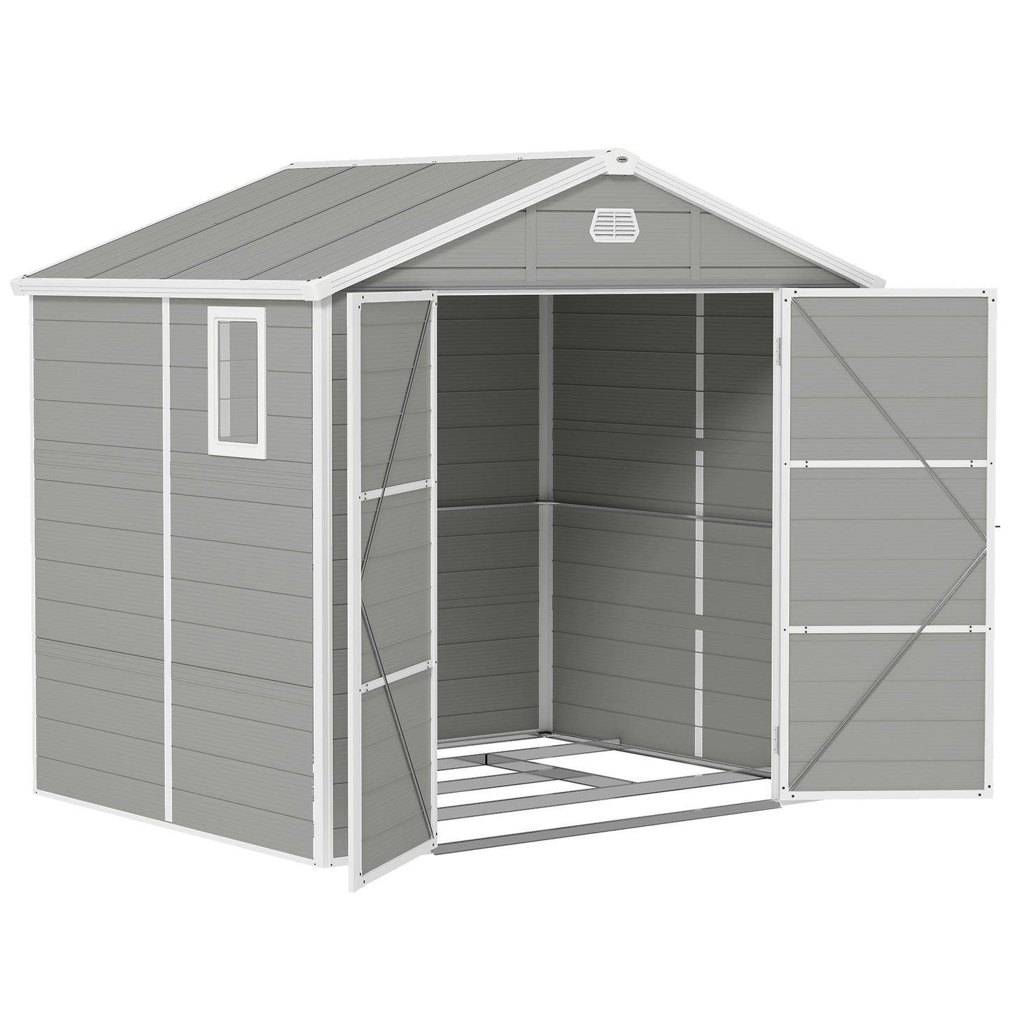 8 x 6ft Plastic Garden Storage Shed with Foundation Kit, Polypropylene Outdoor Storage Tool House with Ventilation Slots and Lockable Door, Light Grey