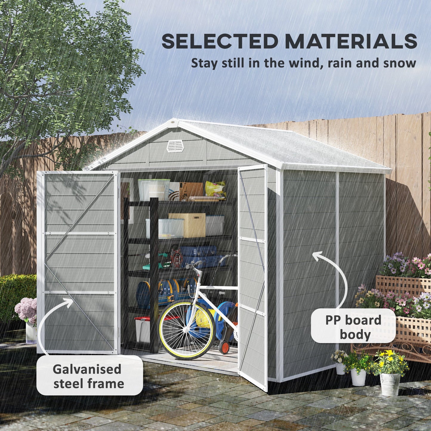 8 x 6ft Plastic Garden Storage Shed with Foundation Kit, Polypropylene Outdoor Storage Tool House with Ventilation Slots and Lockable Door, Light Grey