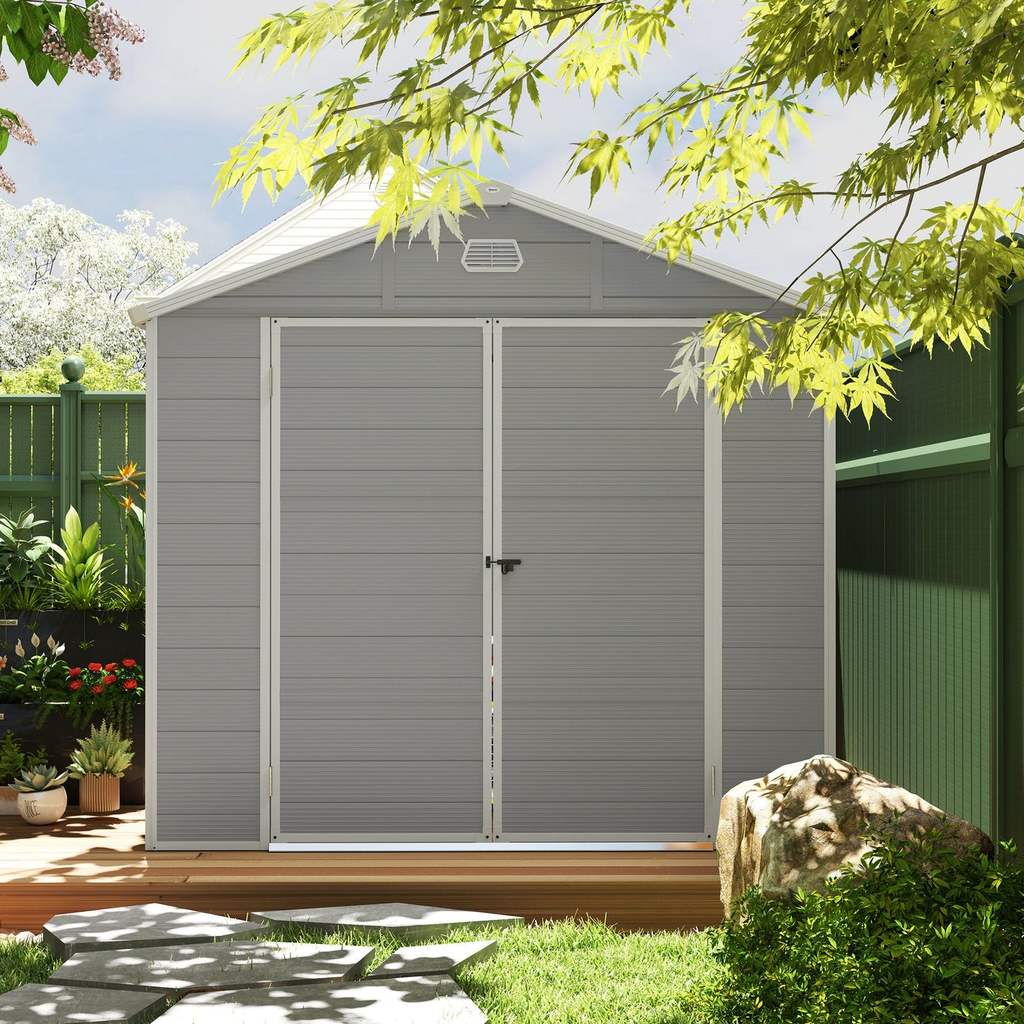 8 x 6ft Plastic Garden Storage Shed with Foundation Kit, Polypropylene Outdoor Storage Tool House with Ventilation Slots and Lockable Door, Light Grey