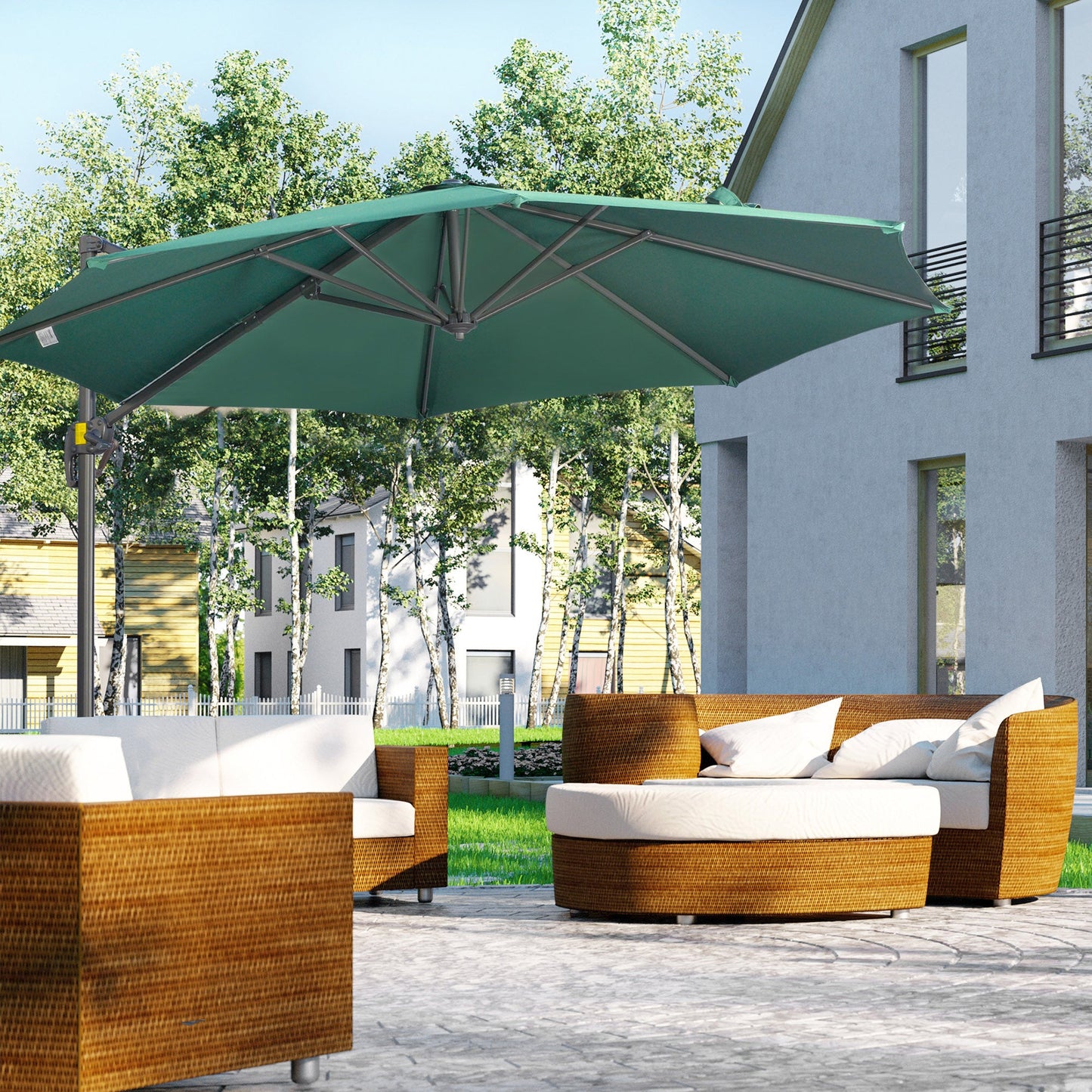 3 x 3(m) Cantilever Parasol with Cross Base, Garden Umbrella with 360° Rotation, Crank Handle and Tilt for Outdoor, Patio, Green