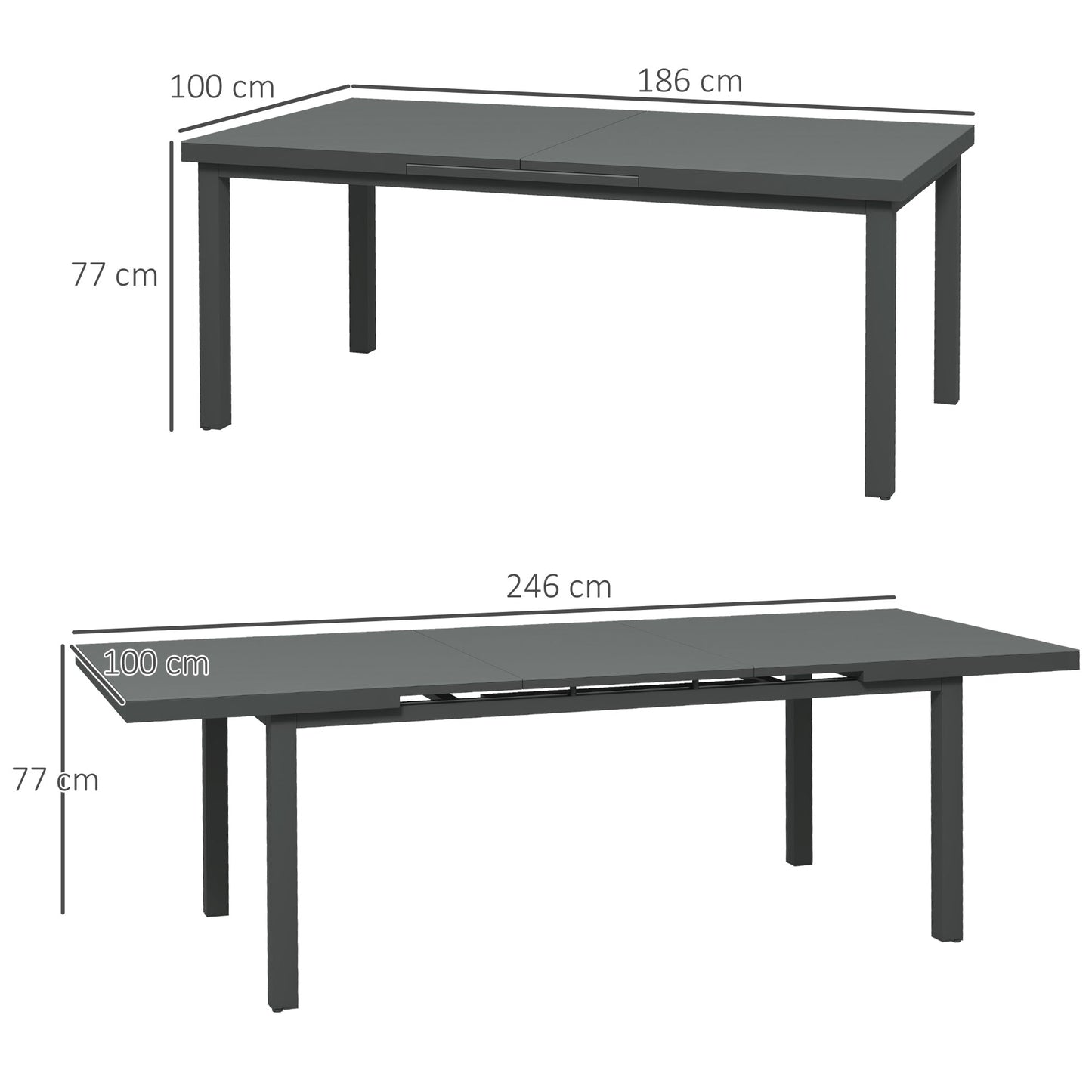 Extending Garden Table, Rectangle Outdoor Dining Table for 6-8, Aluminium Frame, for Lawn Balcony - Charcoal Grey