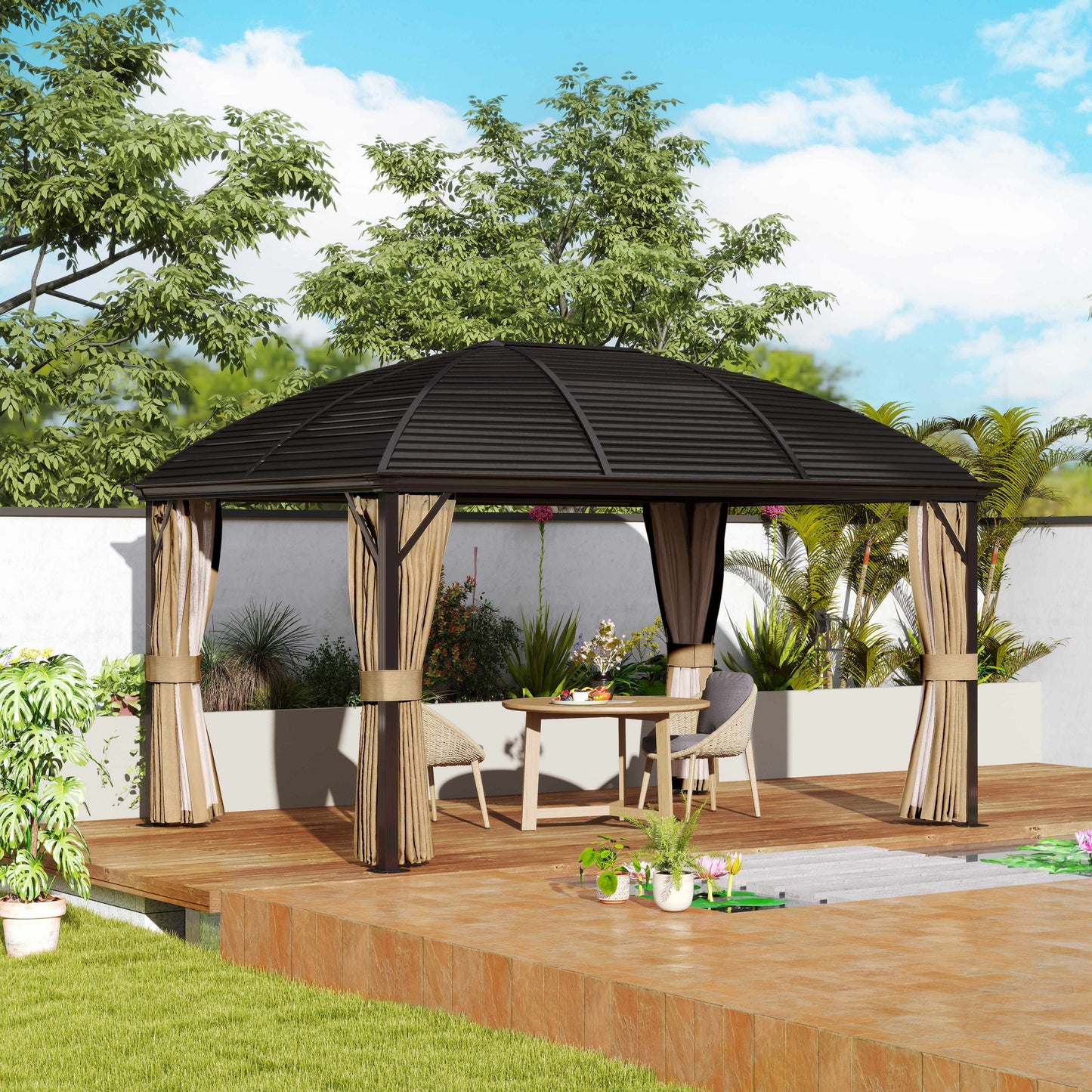 3 x 4m Hardtop Gazebo Canopy with Metal Roof, Aluminium Gazebo Permanent Pavilion with Netting and Curtains, Brown