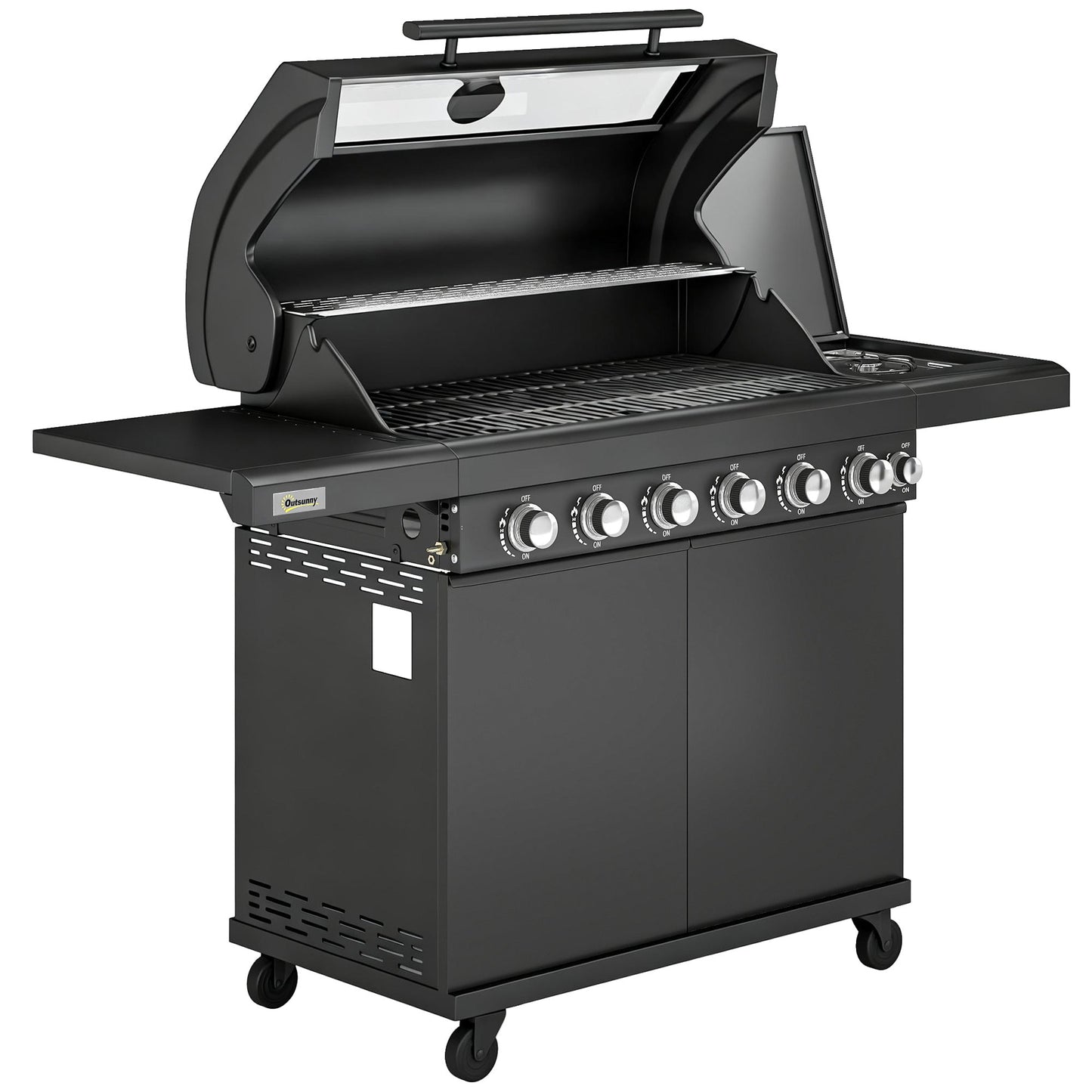 6+1 Burner Gas BBQ Grill, Portable Outdoor Barbecue Trolley with Wheels, Warming Rack, Built-in Thermometer, Side Shelves, Cabinet, Bottle Opener, Lid with Viewing Window, Black